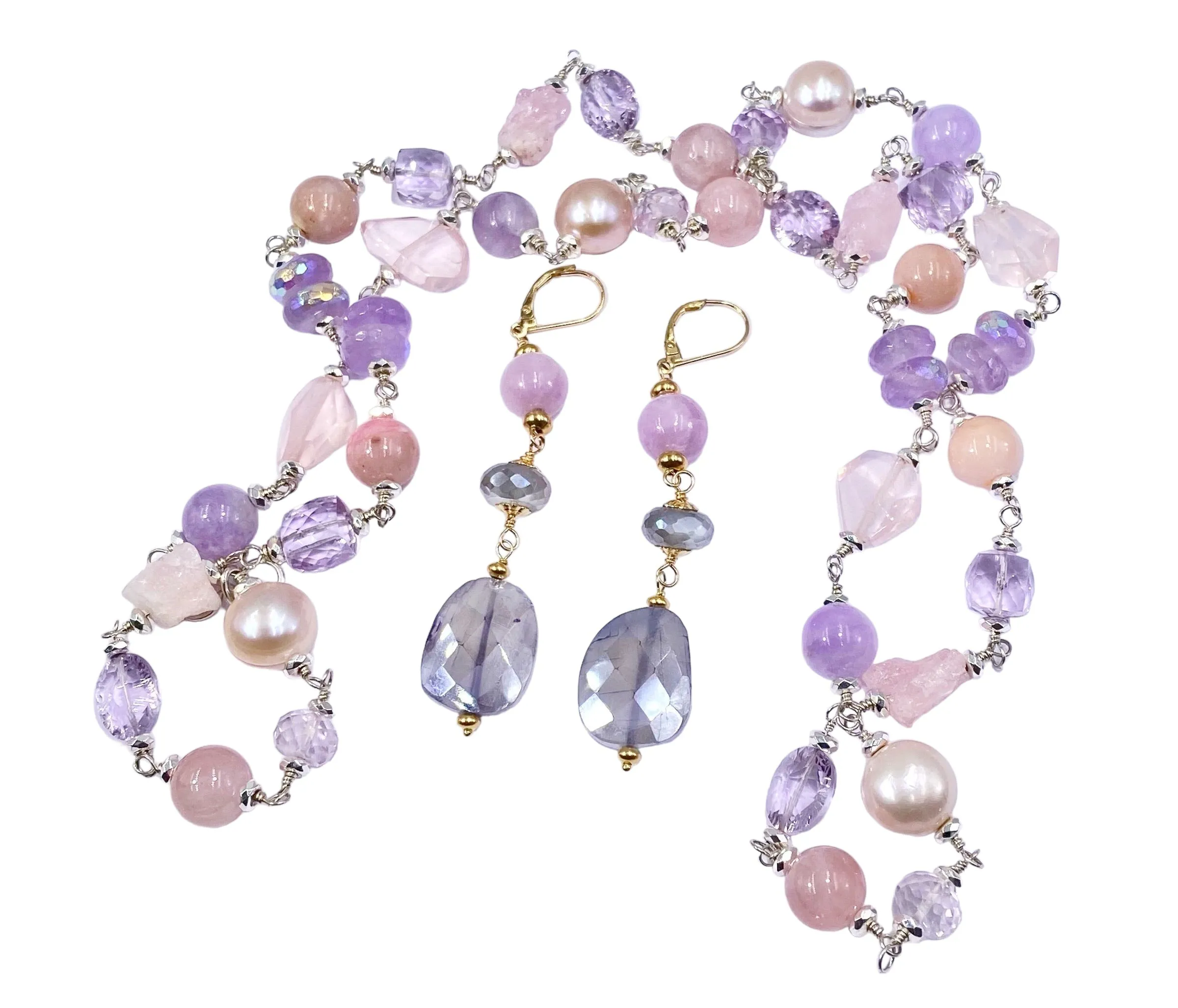 Sapphire Gem Slice and Kunzite, Moonstone Dangle Earrings