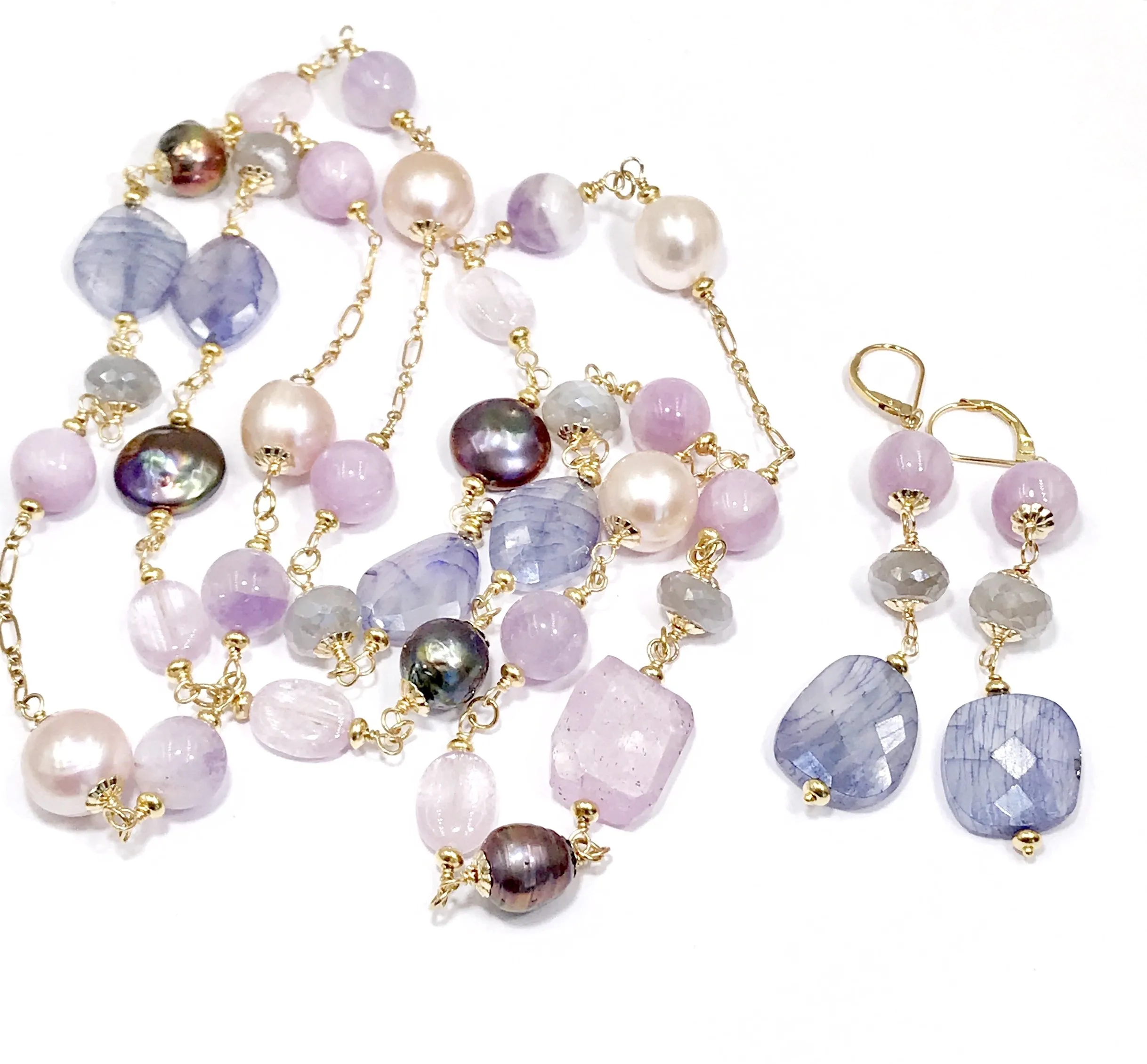 Sapphire Gem Slice and Kunzite, Moonstone Dangle Earrings