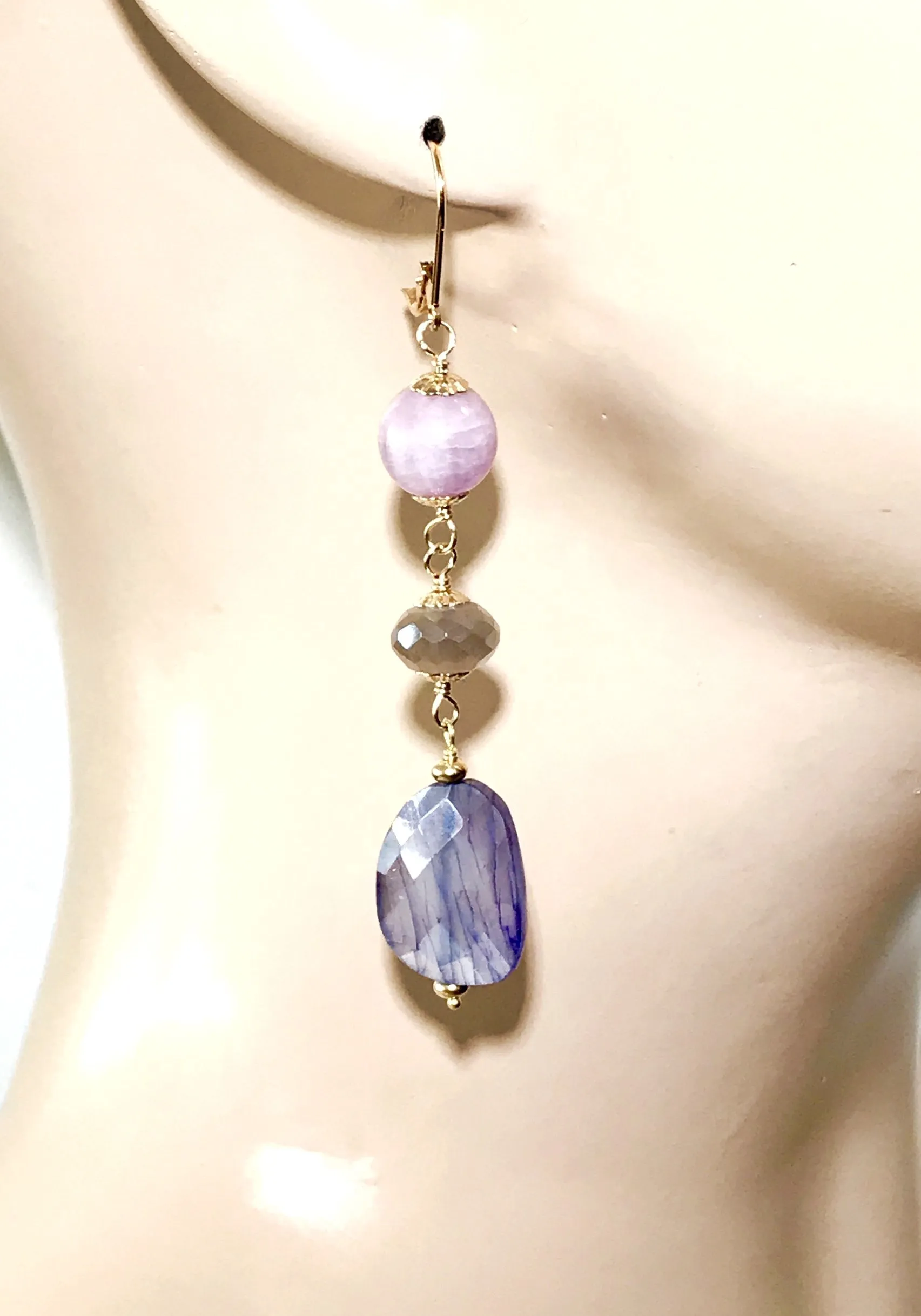 Sapphire Gem Slice and Kunzite, Moonstone Dangle Earrings