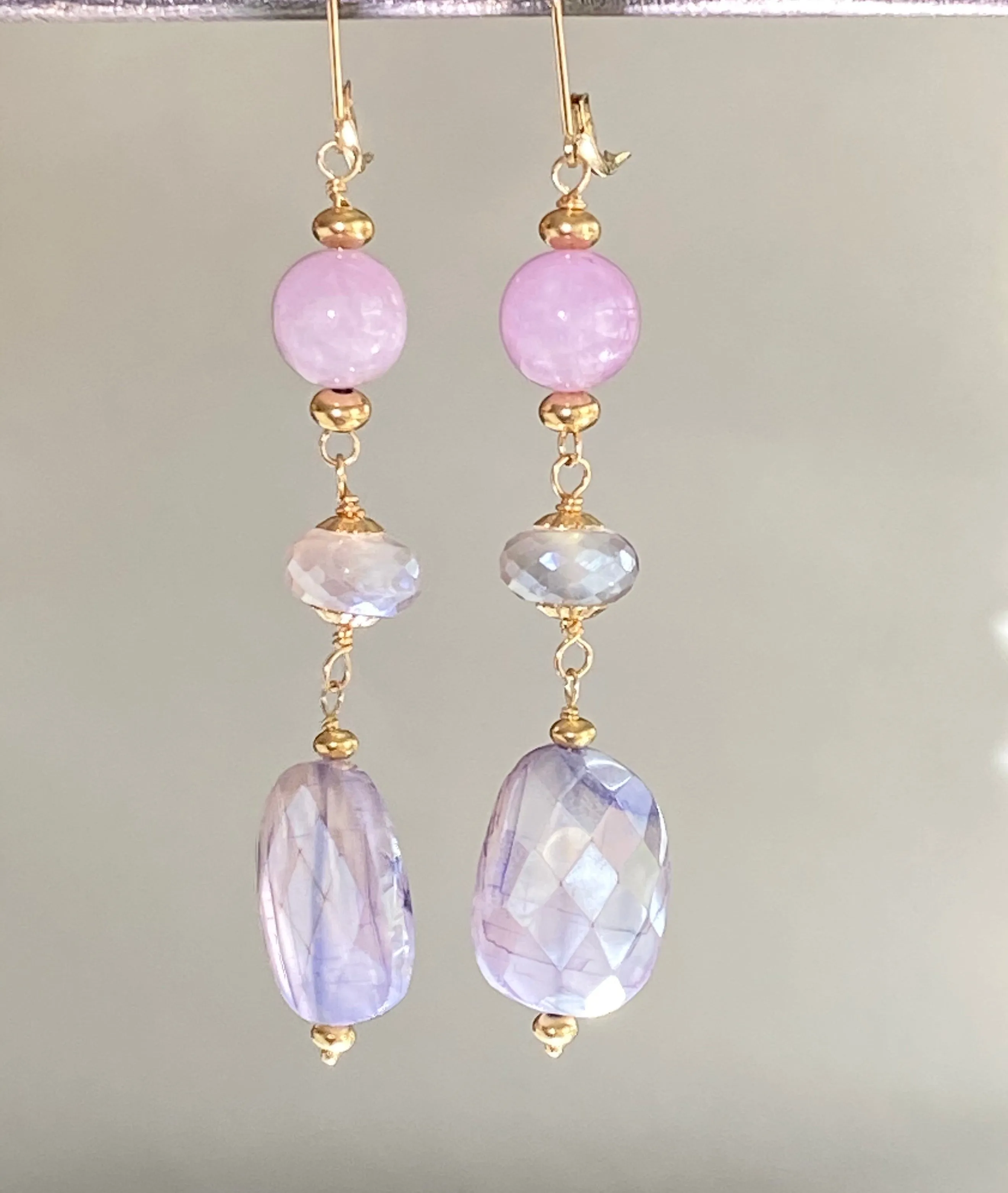 Sapphire Gem Slice and Kunzite, Moonstone Dangle Earrings