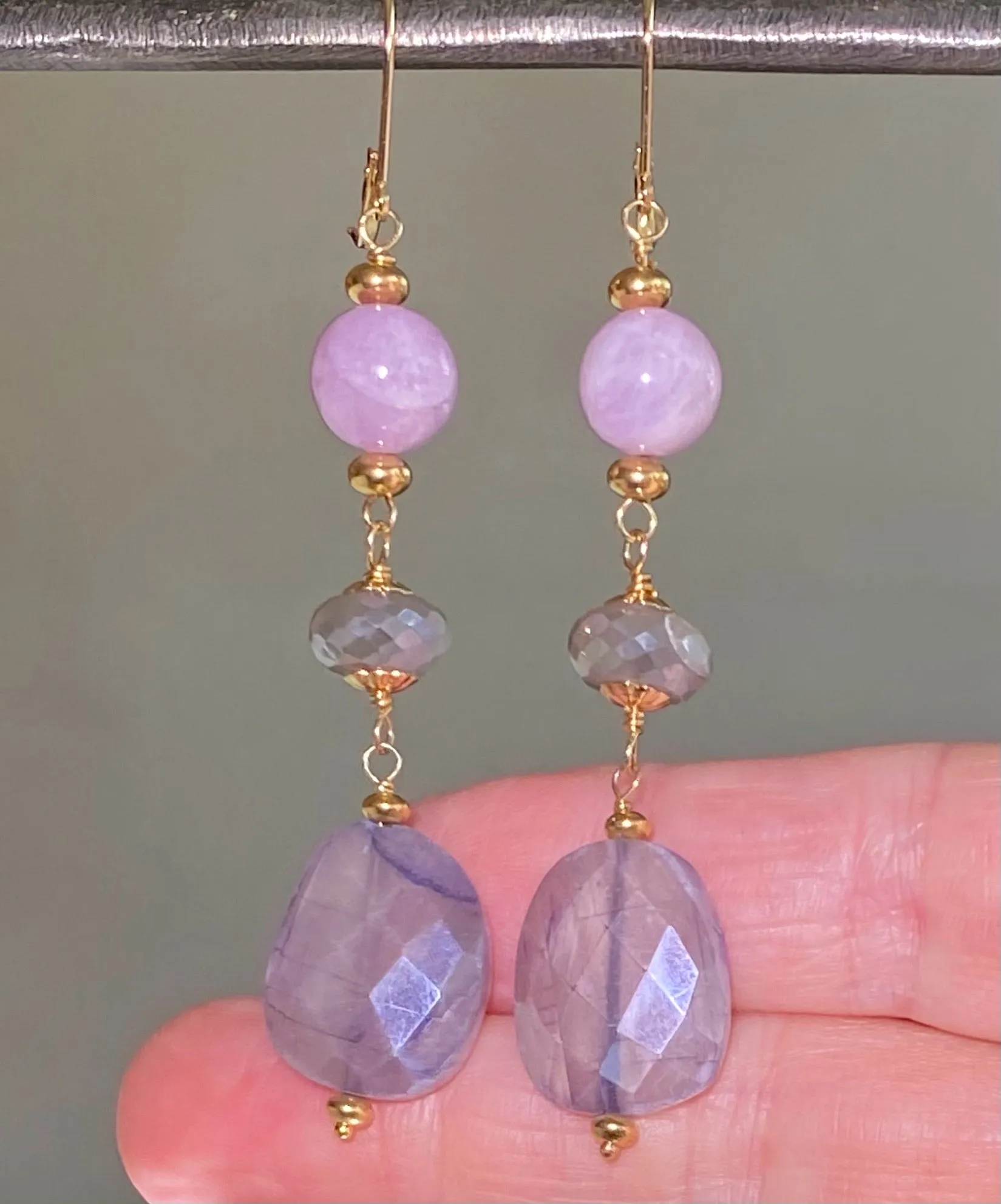 Sapphire Gem Slice and Kunzite, Moonstone Dangle Earrings