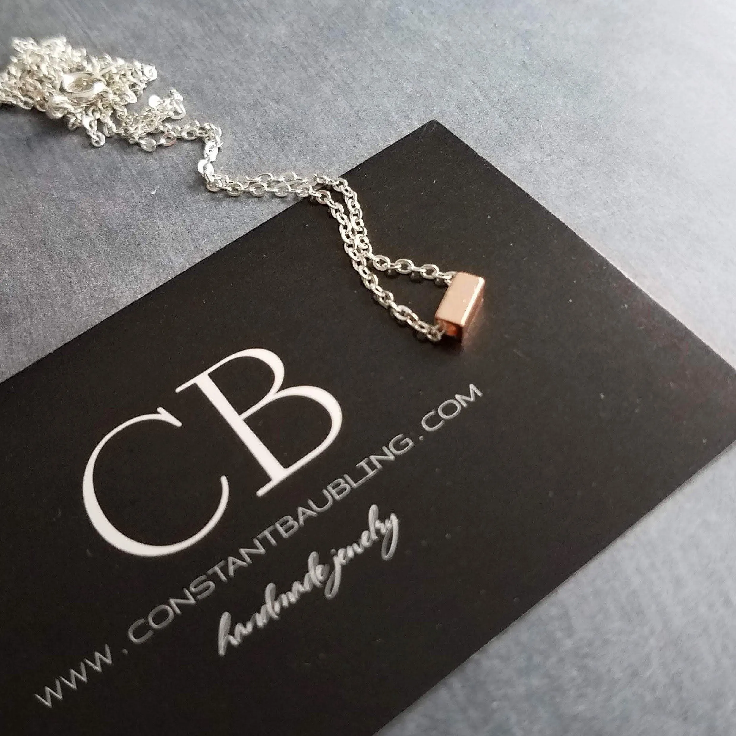 Silver Chain Necklace, rose gold bar necklace, silver rose gold necklace, rose gold line necklace, tiny rose gold rectangle, slider bar bead