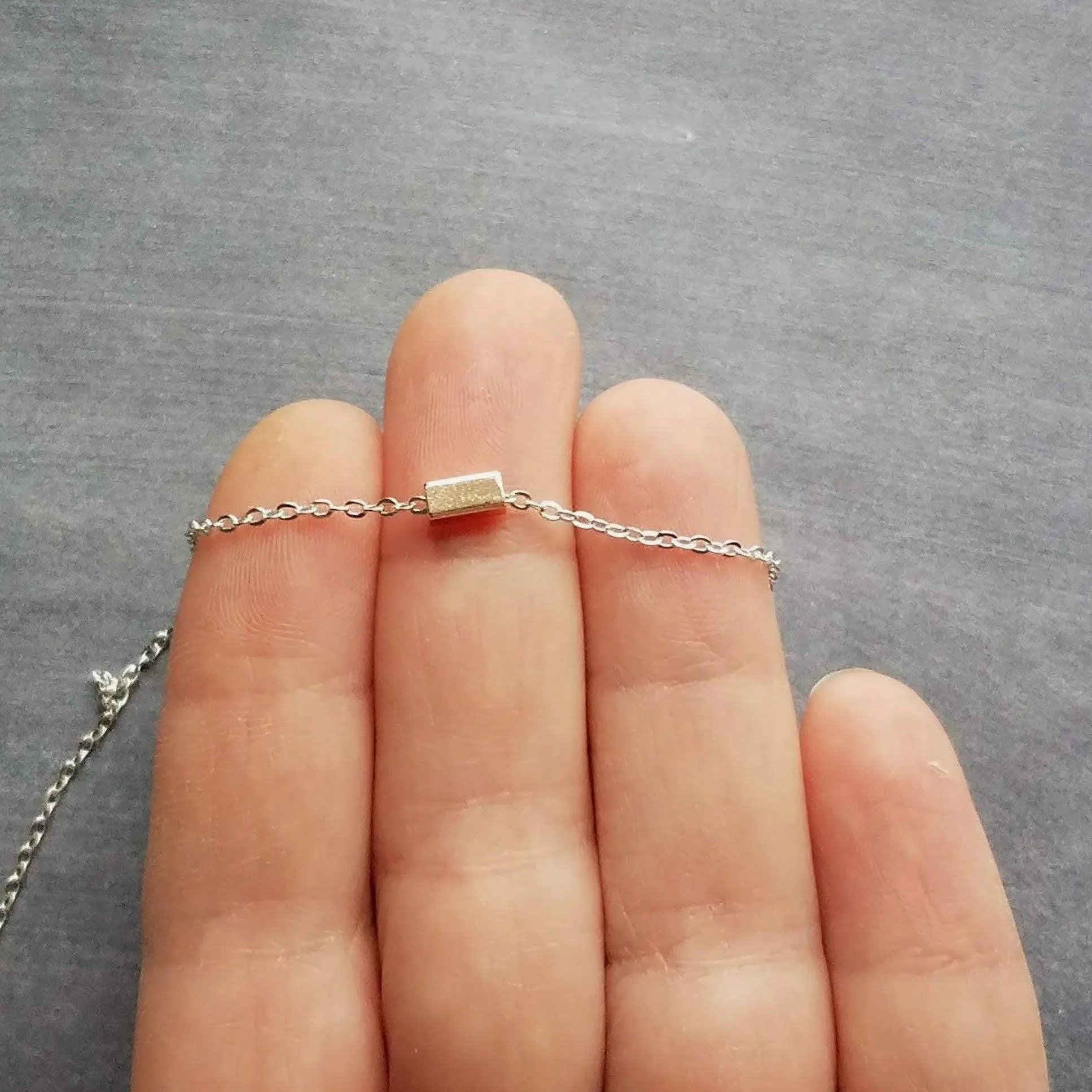 Silver Chain Necklace, rose gold bar necklace, silver rose gold necklace, rose gold line necklace, tiny rose gold rectangle, slider bar bead