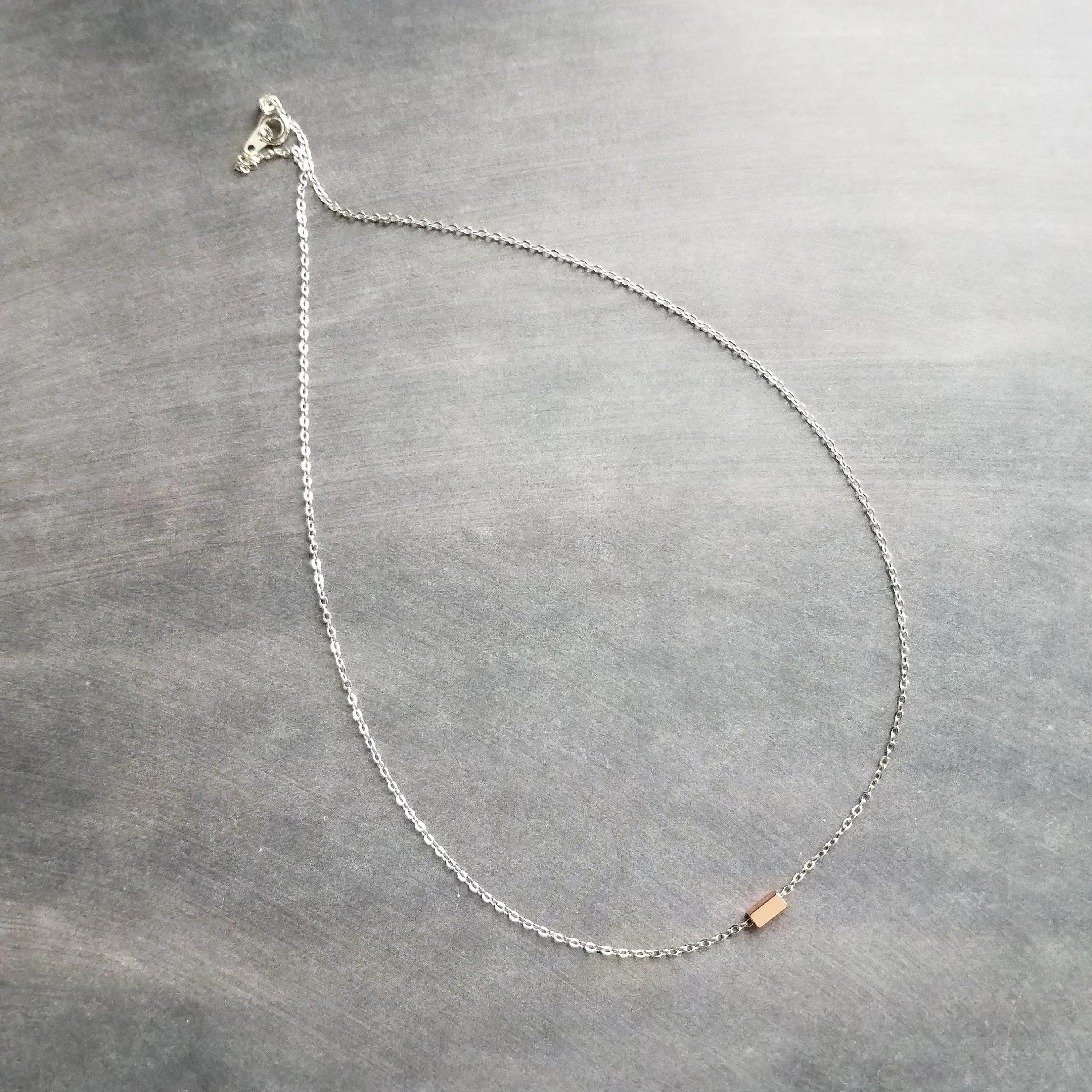 Silver Chain Necklace, rose gold bar necklace, silver rose gold necklace, rose gold line necklace, tiny rose gold rectangle, slider bar bead