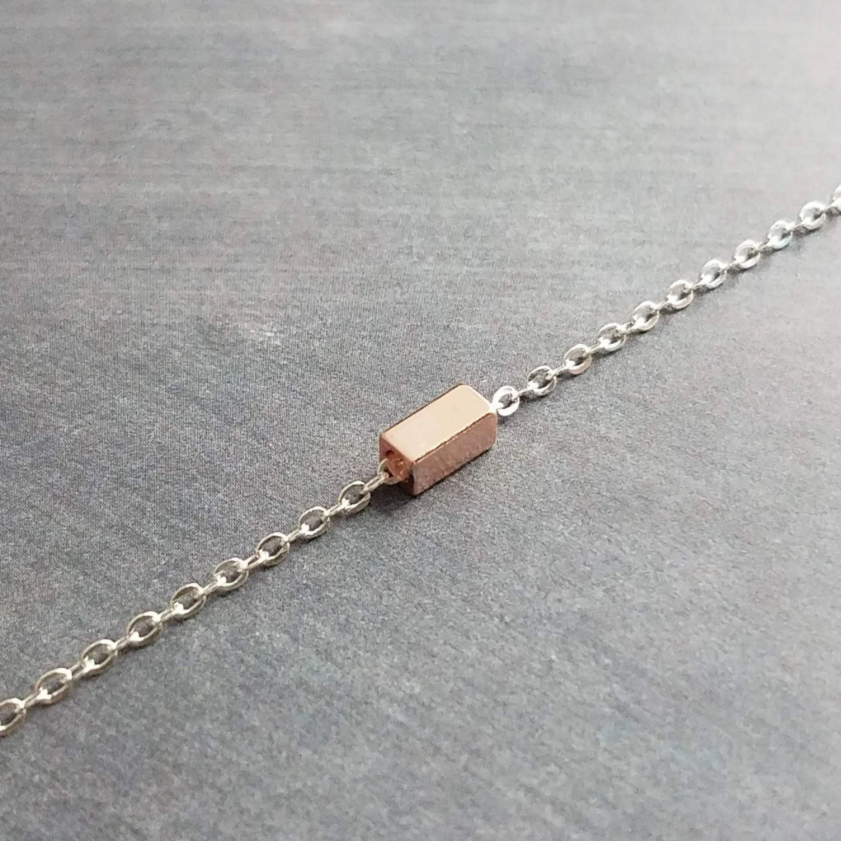 Silver Chain Necklace, rose gold bar necklace, silver rose gold necklace, rose gold line necklace, tiny rose gold rectangle, slider bar bead