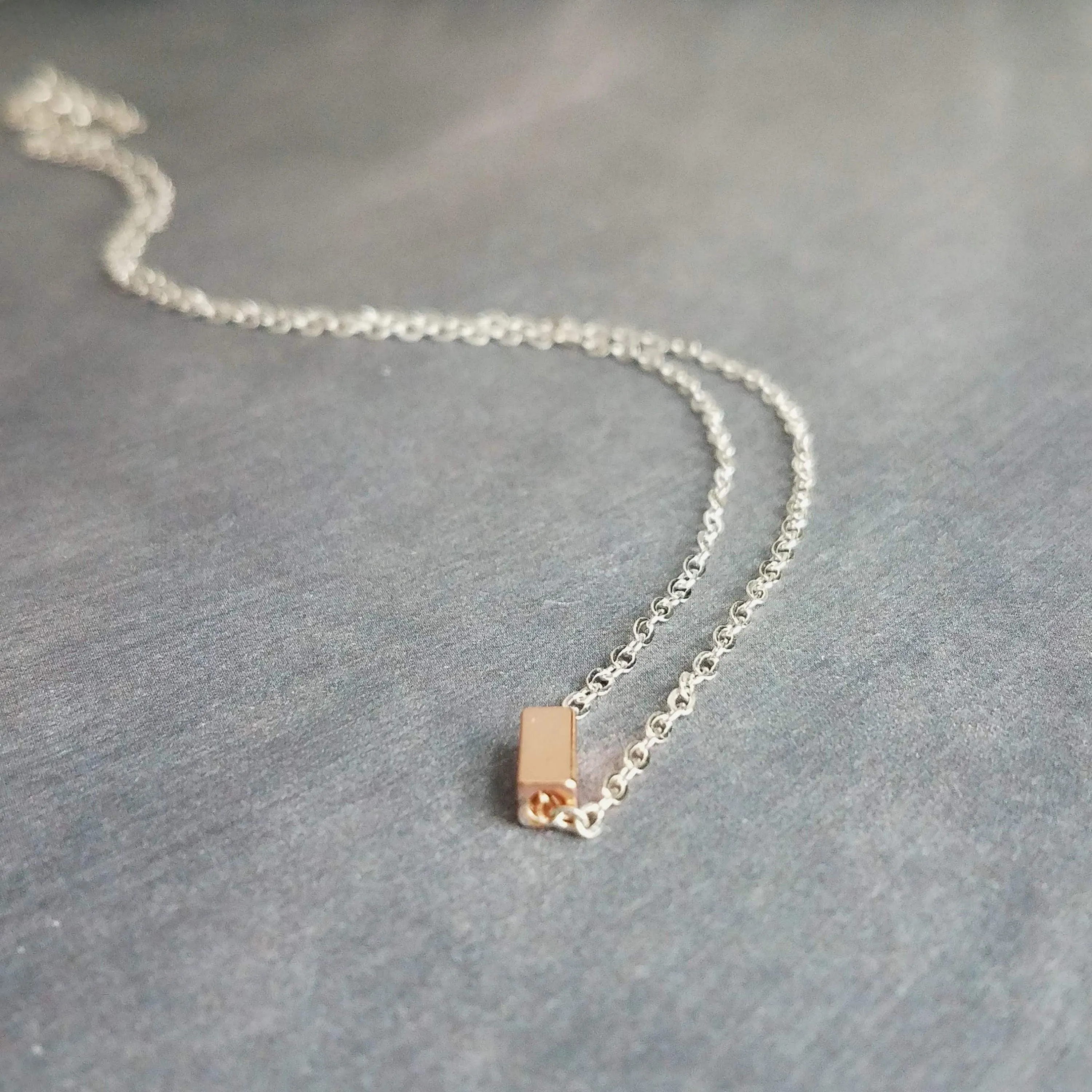 Silver Chain Necklace, rose gold bar necklace, silver rose gold necklace, rose gold line necklace, tiny rose gold rectangle, slider bar bead