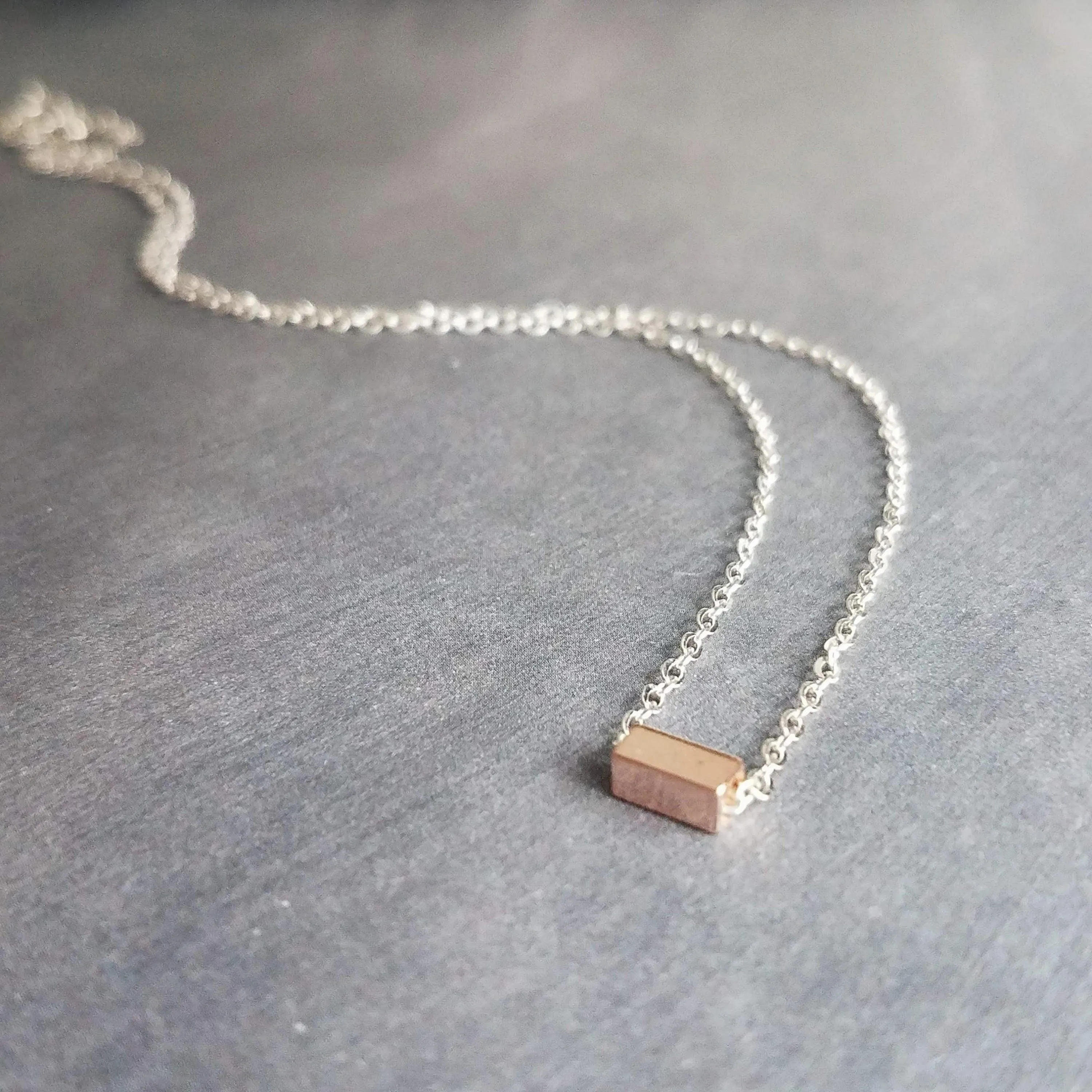 Silver Chain Necklace, rose gold bar necklace, silver rose gold necklace, rose gold line necklace, tiny rose gold rectangle, slider bar bead