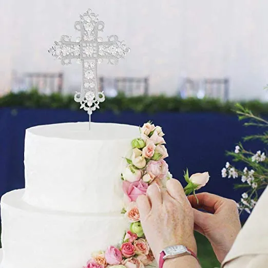Silver Crystal Cross Cake Topper