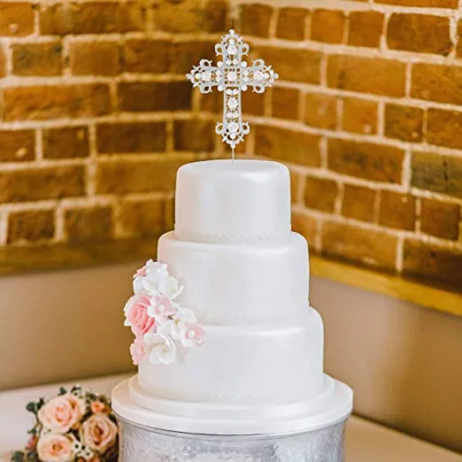 Silver Crystal Cross Cake Topper