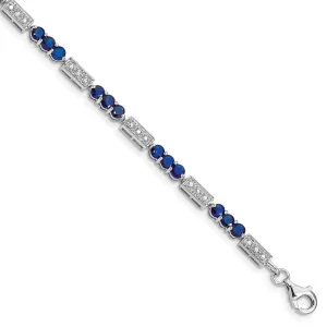 Silver Polished Sapphire Round Diamond Bracelet
