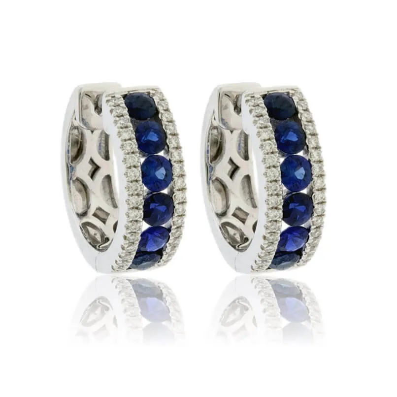 Single Row Sapphire & Diamond Lined Huggie Hoop Earrings