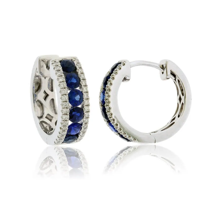 Single Row Sapphire & Diamond Lined Huggie Hoop Earrings