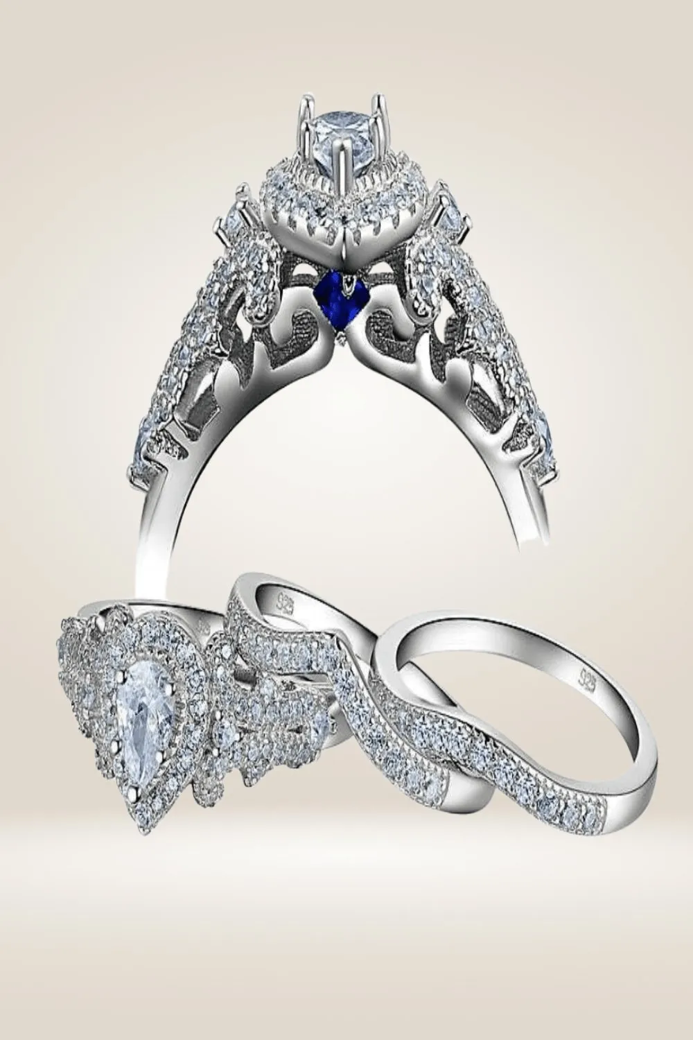 Sterling Silver Blue Sapphire Pear Engagement Rings Set