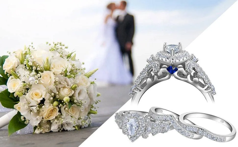 Sterling Silver Blue Sapphire Pear Engagement Rings Set