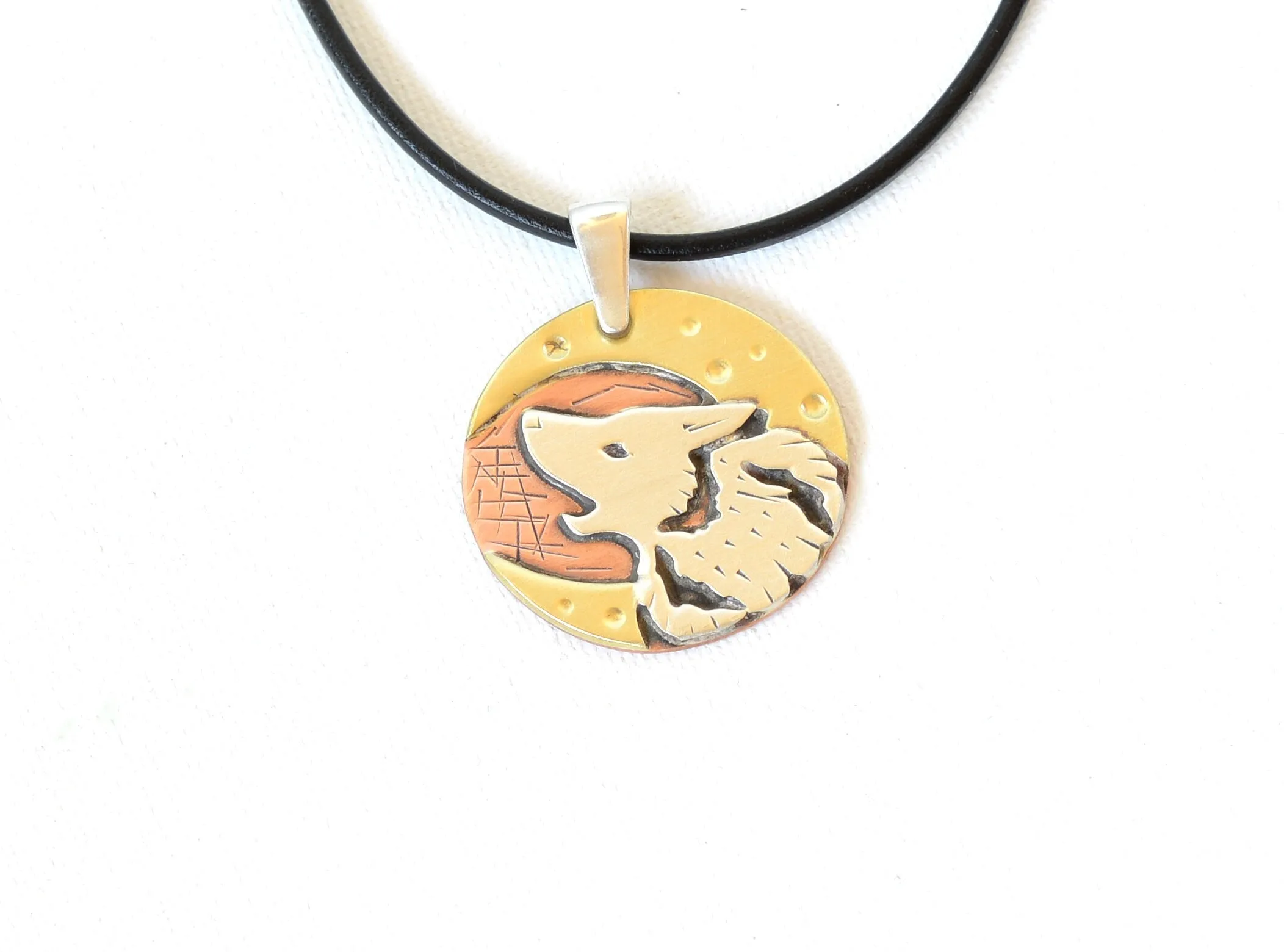Sterling Silver Howling Wolf under the Moon Necklace