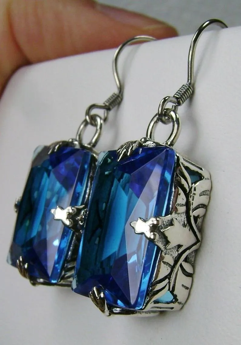 Swiss Blue Topaz Earrings, GL Earrings, Art Deco Sterling Silver Filigree, Vintage Jewelry #E15