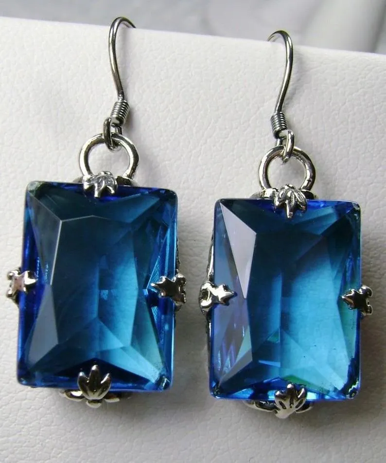 Swiss Blue Topaz Earrings, GL Earrings, Art Deco Sterling Silver Filigree, Vintage Jewelry #E15
