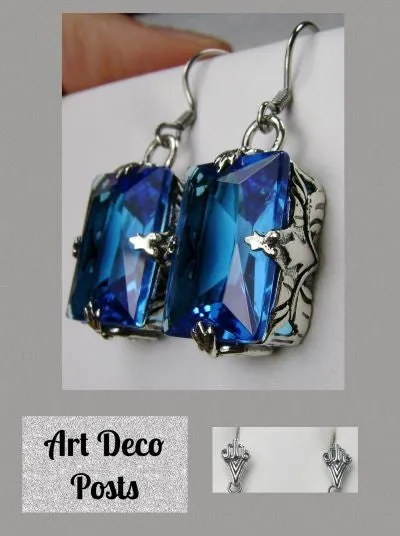 Swiss Blue Topaz Earrings, GL Earrings, Art Deco Sterling Silver Filigree, Vintage Jewelry #E15