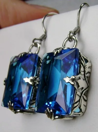 Swiss Blue Topaz Earrings, GL Earrings, Art Deco Sterling Silver Filigree, Vintage Jewelry #E15