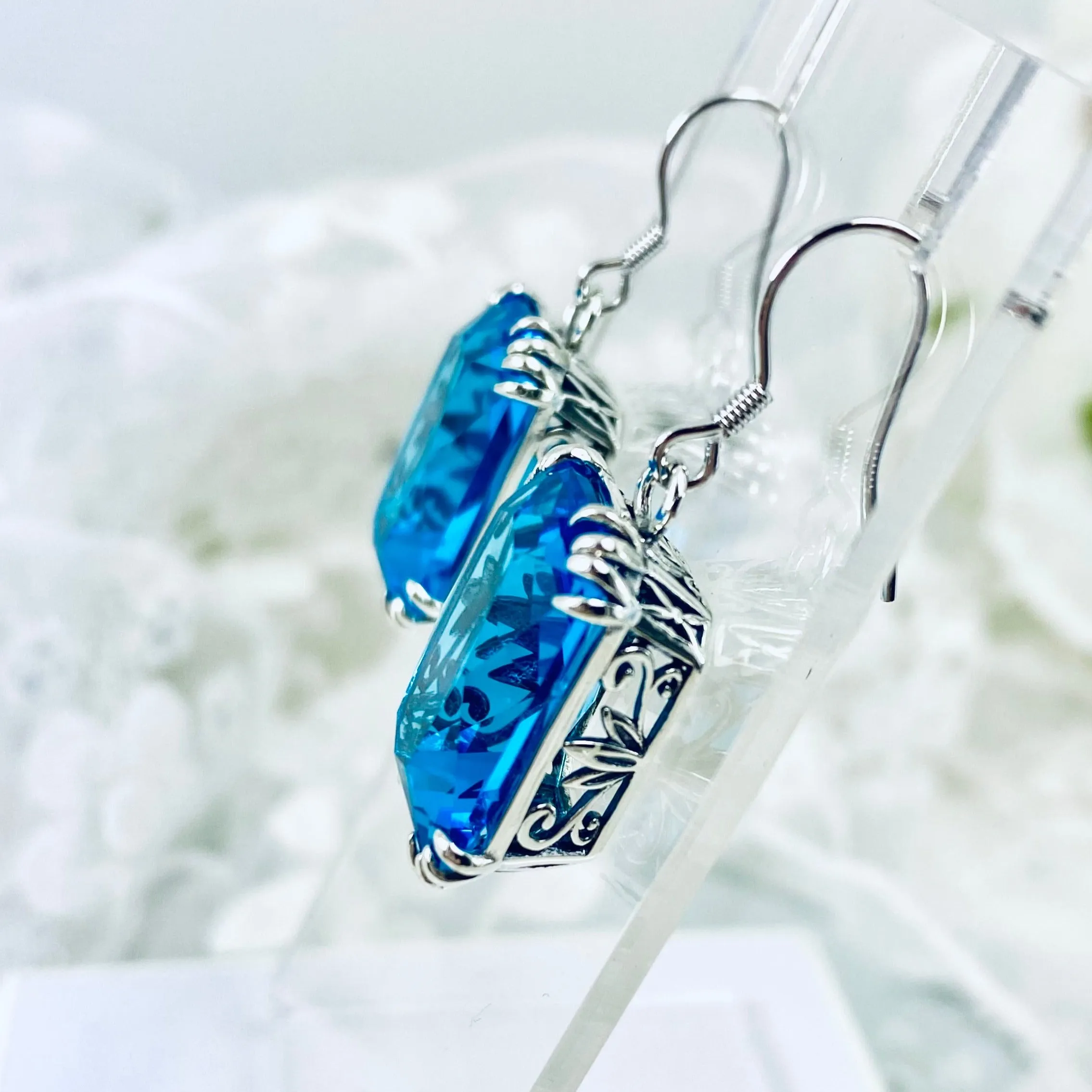 Swiss Blue Topaz Earrings, Silver Filigree, Art Nouveau Jewelry #E109