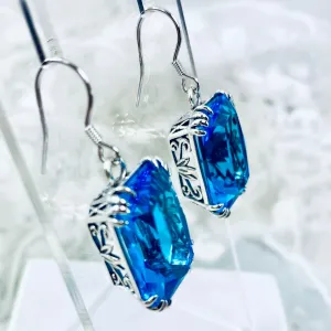 Swiss Blue Topaz Earrings, Silver Filigree, Art Nouveau Jewelry #E109