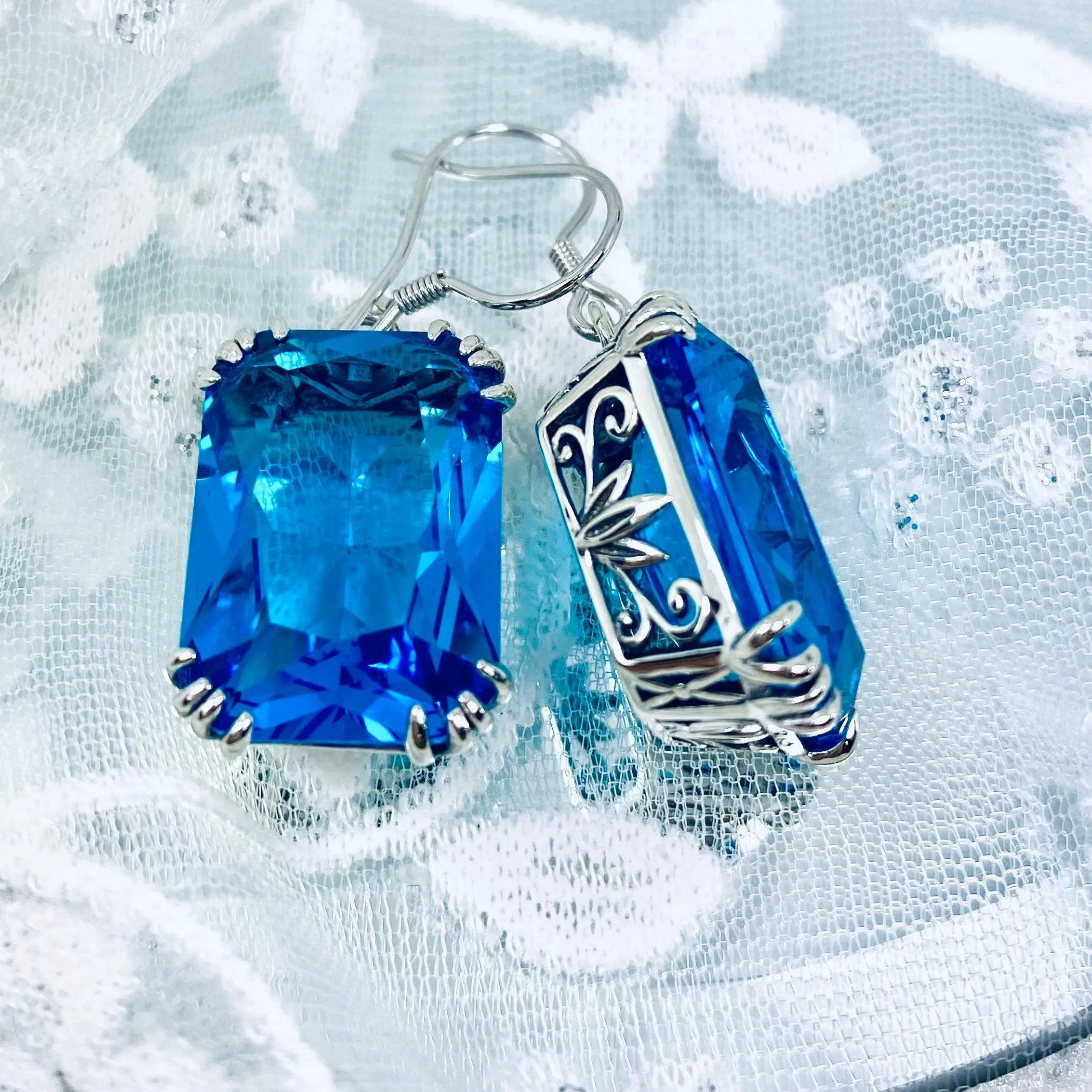 Swiss Blue Topaz Earrings, Silver Filigree, Art Nouveau Jewelry #E109