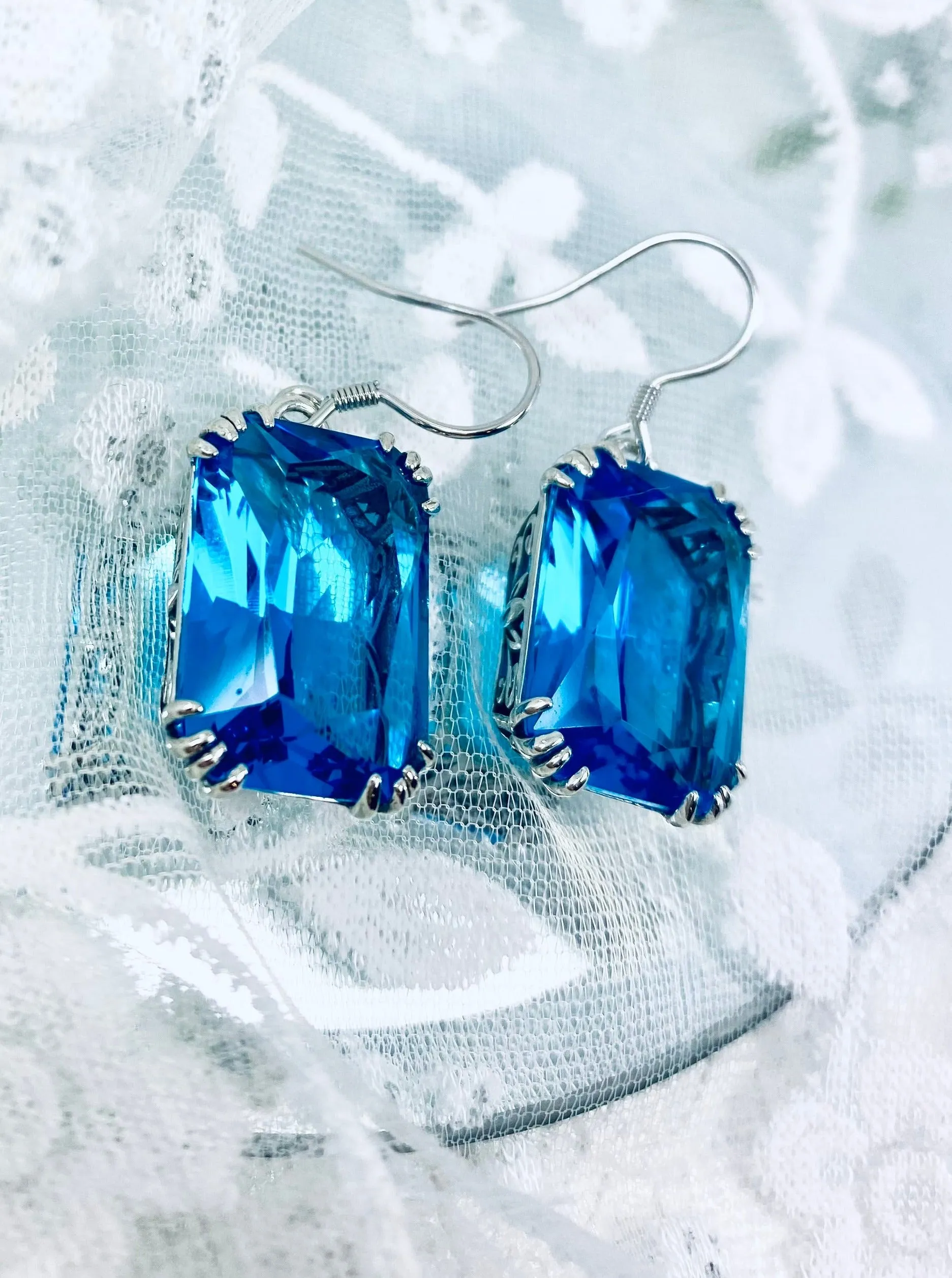 Swiss Blue Topaz Earrings, Silver Filigree, Art Nouveau Jewelry #E109