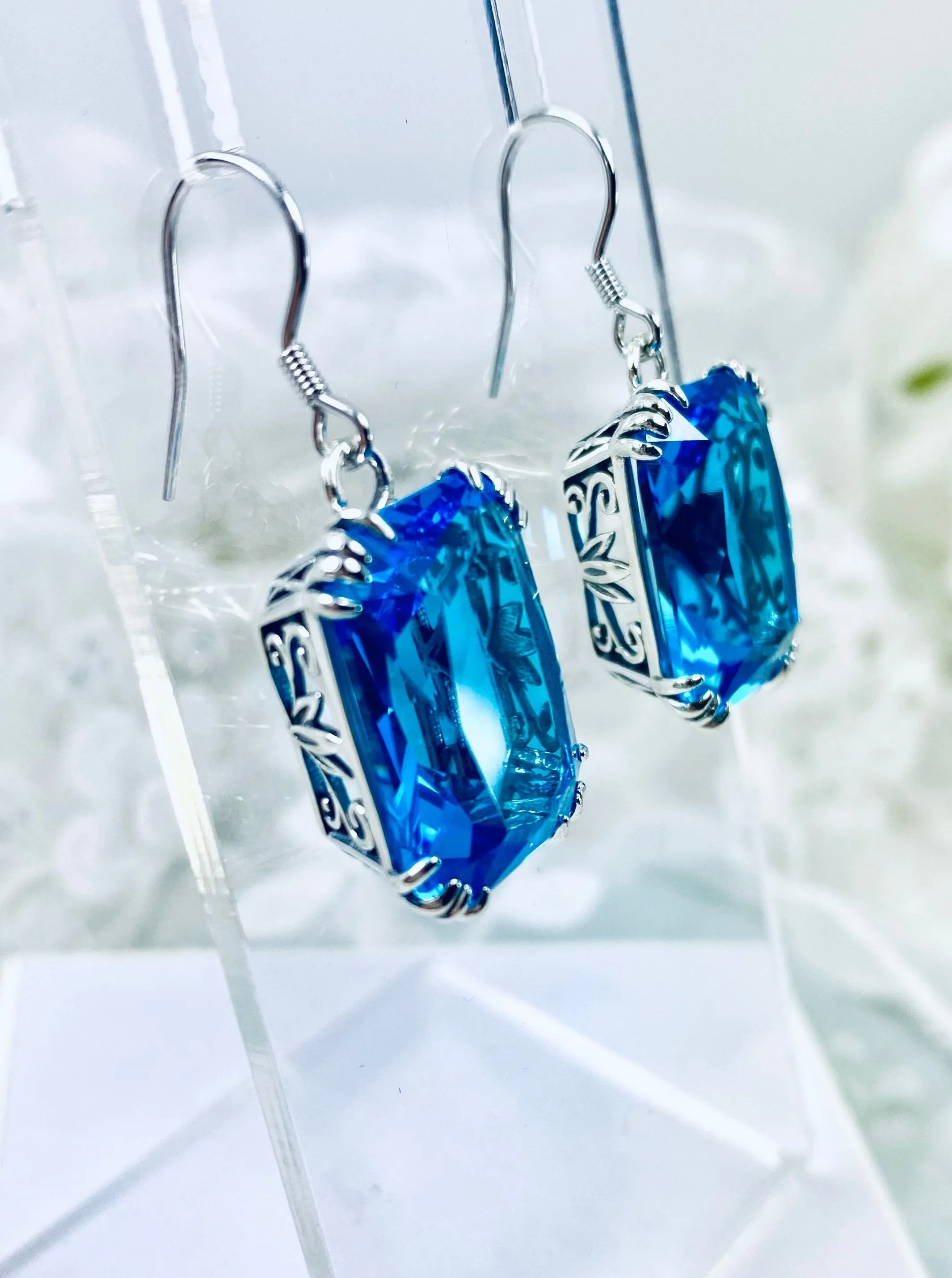 Swiss Blue Topaz Earrings, Silver Filigree, Art Nouveau Jewelry #E109