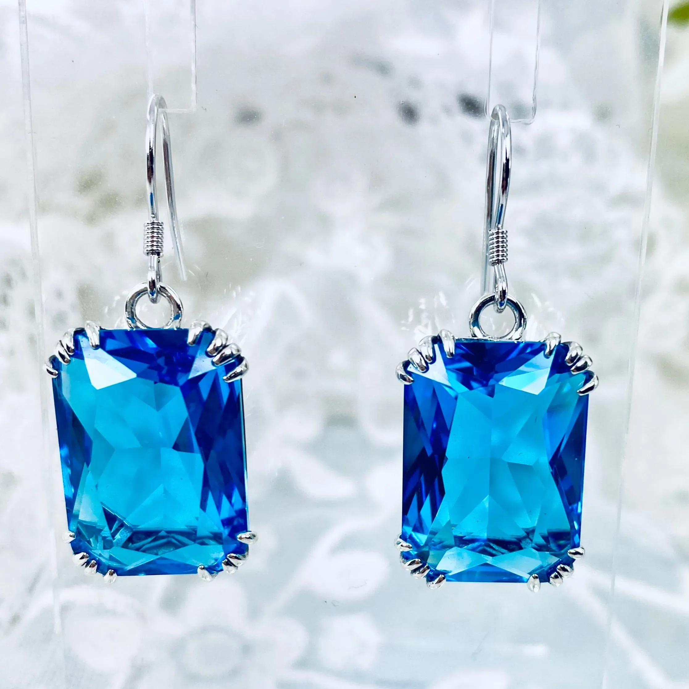 Swiss Blue Topaz Earrings, Silver Filigree, Art Nouveau Jewelry #E109