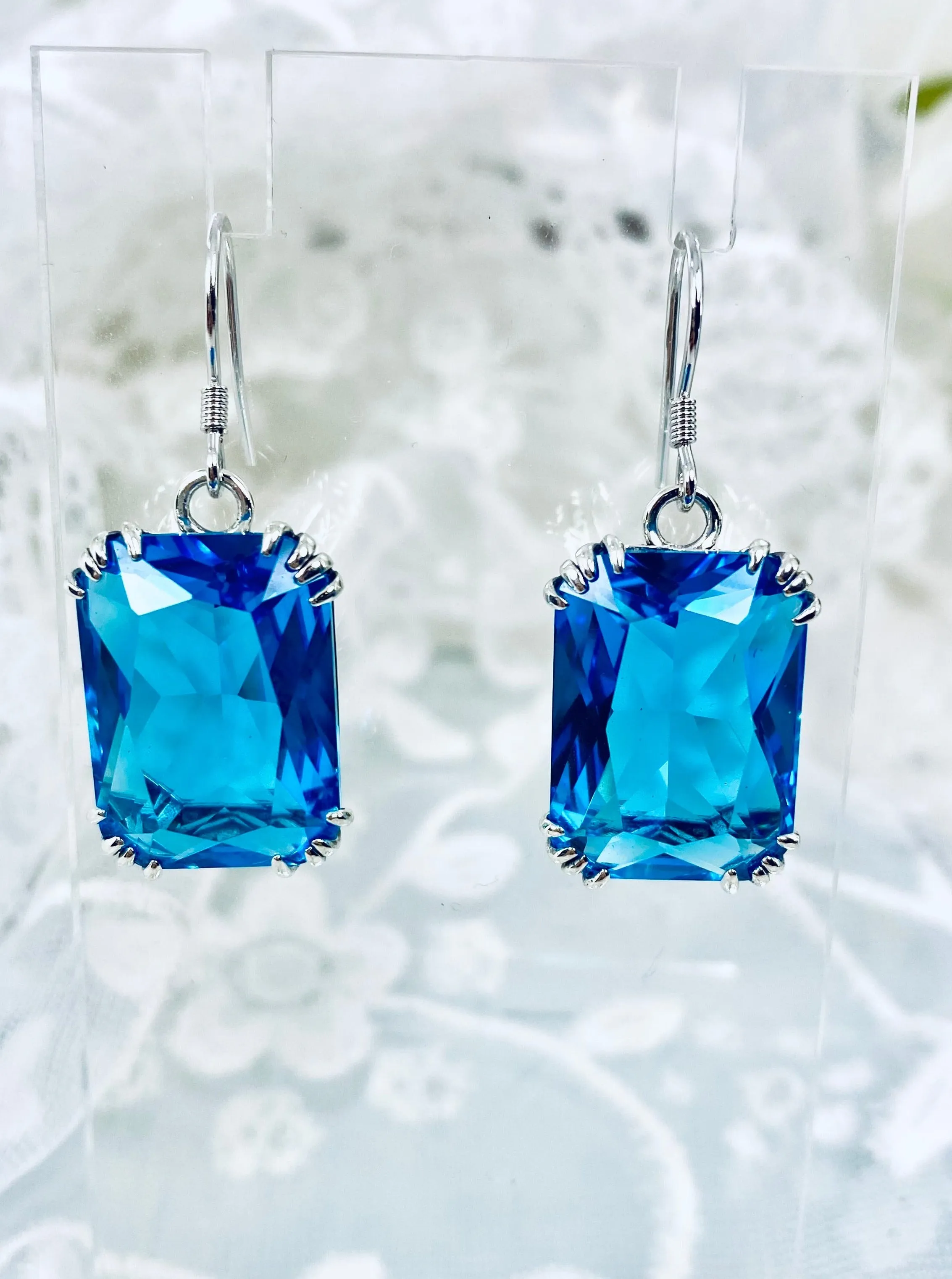 Swiss Blue Topaz Earrings, Silver Filigree, Art Nouveau Jewelry #E109