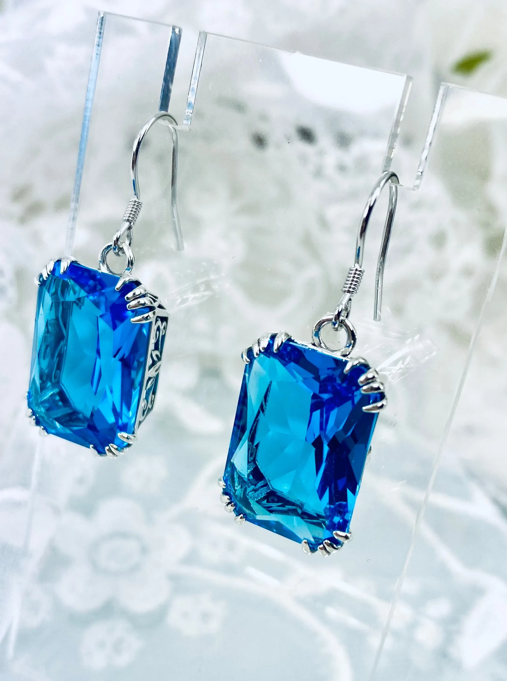 Swiss Blue Topaz Earrings, Silver Filigree, Art Nouveau Jewelry #E109