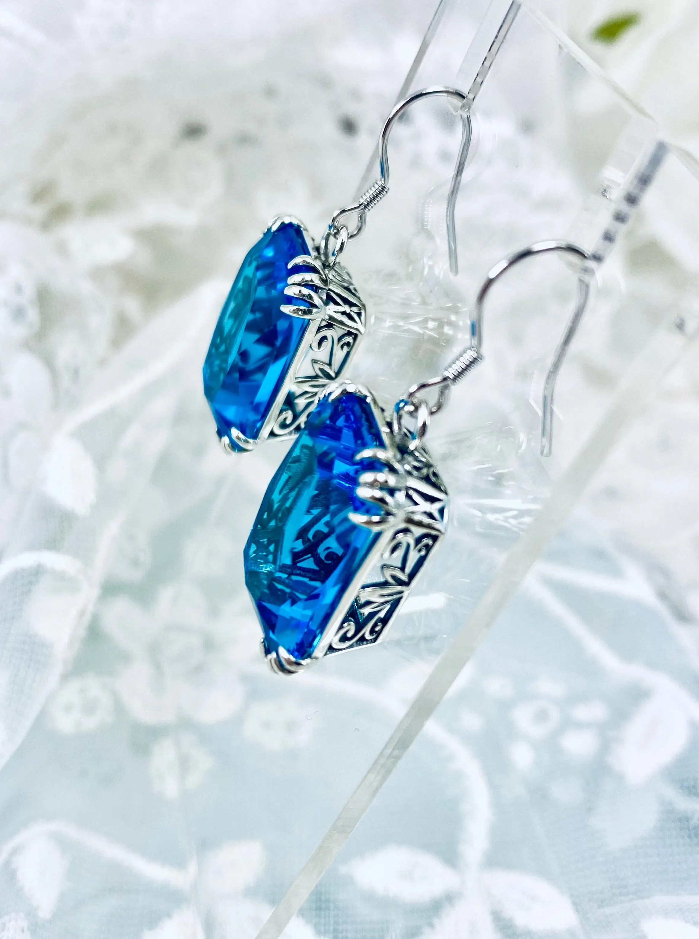 Swiss Blue Topaz Earrings, Silver Filigree, Art Nouveau Jewelry #E109