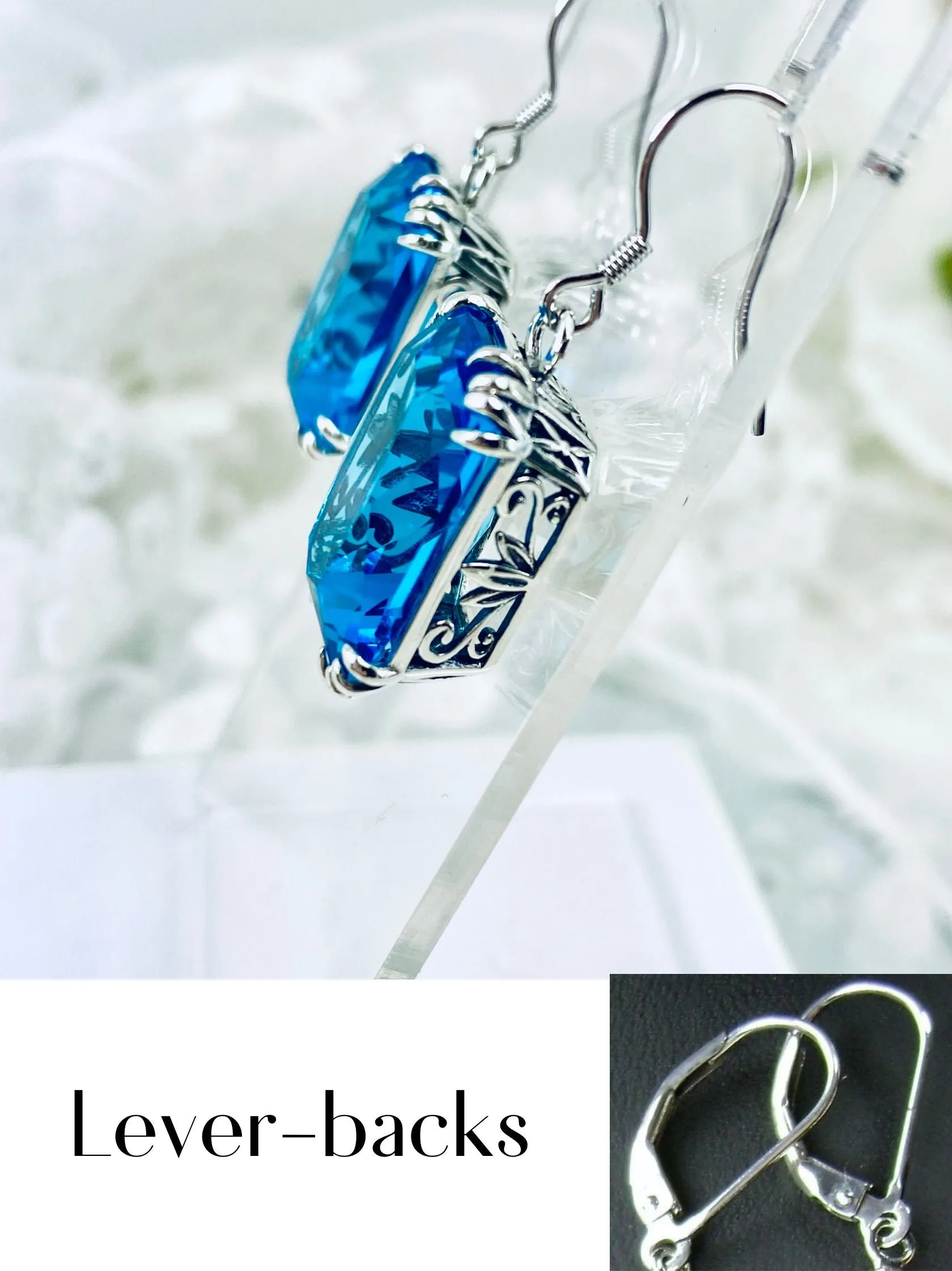 Swiss Blue Topaz Earrings, Silver Filigree, Art Nouveau Jewelry #E109