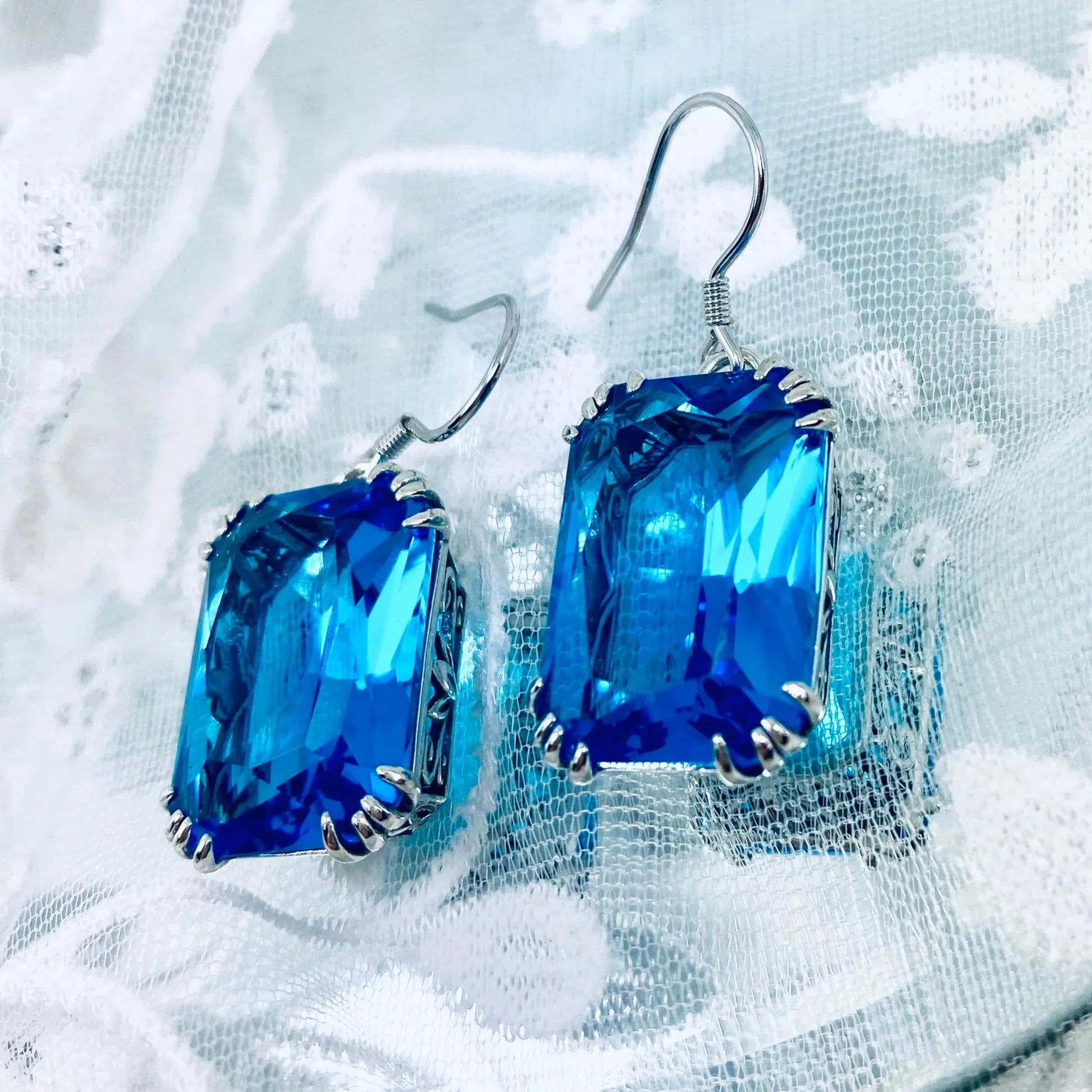 Swiss Blue Topaz Earrings, Silver Filigree, Art Nouveau Jewelry #E109