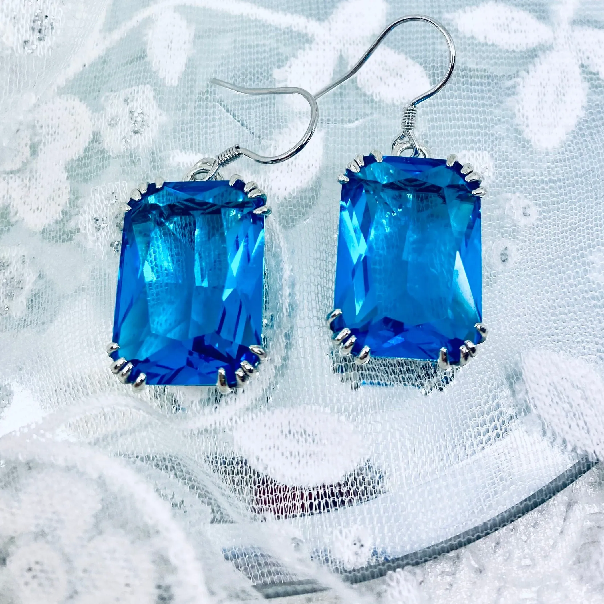 Swiss Blue Topaz Earrings, Silver Filigree, Art Nouveau Jewelry #E109