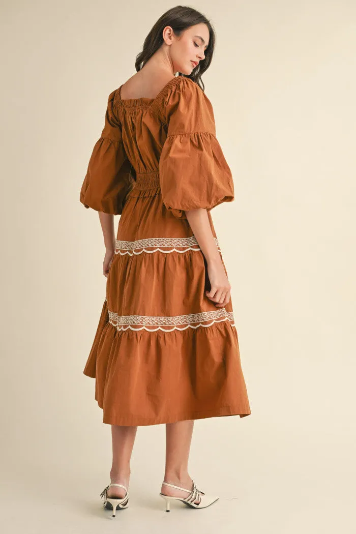 TERACOTTA LACE MIDI DRESS