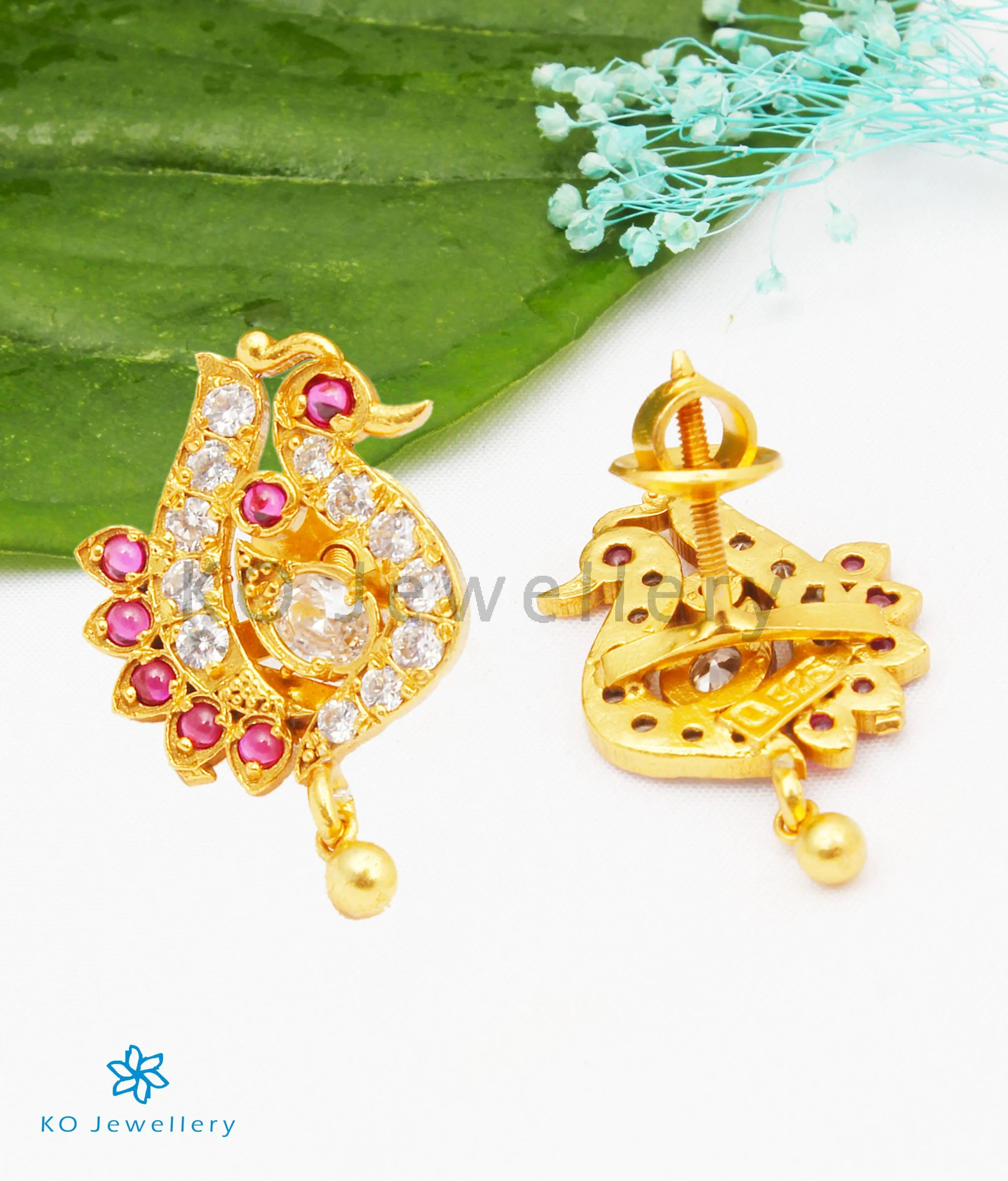 The Loukya Silver Peacock Ear-studs (Red/White)