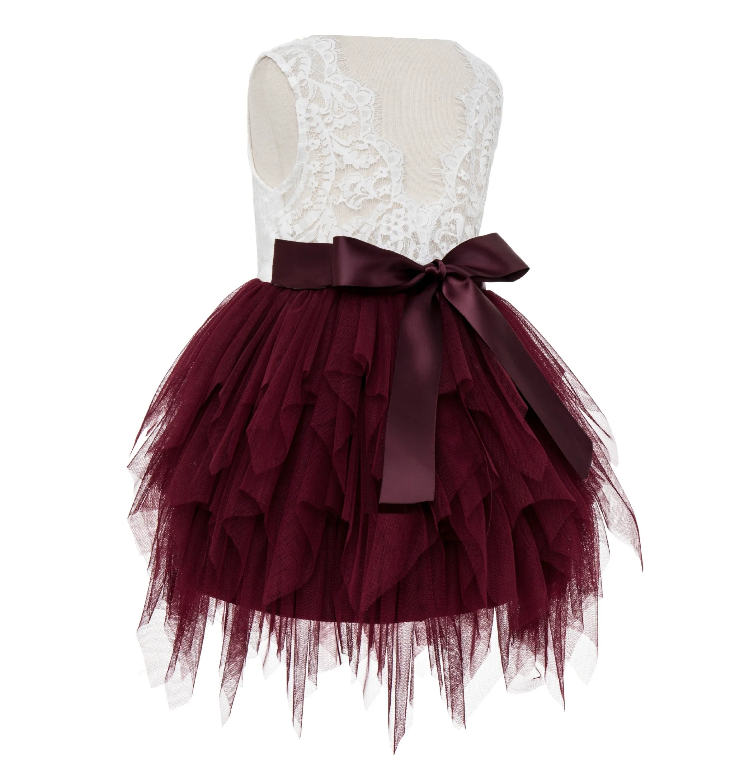 Tiered Tulle Flower Girl Dress Lace Back Junior Bridesmaid Pretty Princess Ceremonial Gown LG6
