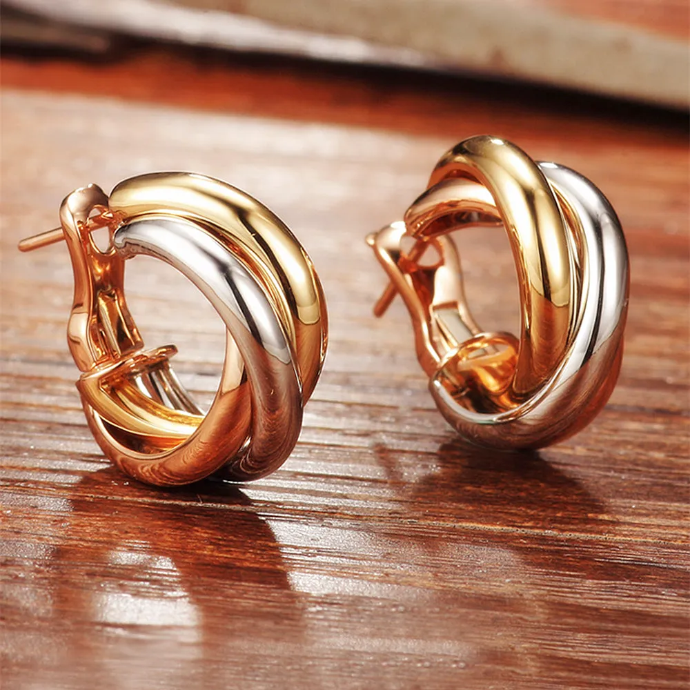 Tri-Tone Gold Trinity Crossover Hoop Earrings