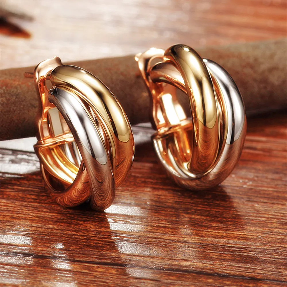 Tri-Tone Gold Trinity Crossover Hoop Earrings