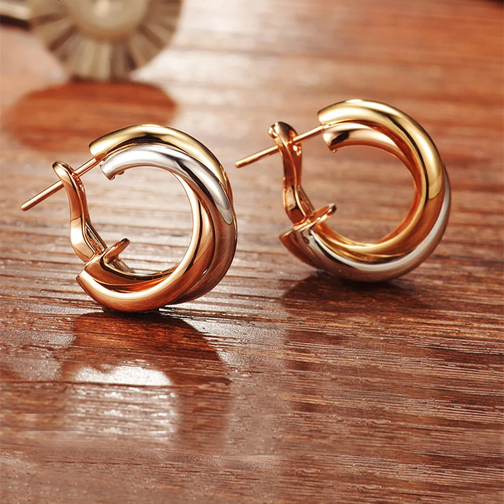 Tri-Tone Gold Trinity Crossover Hoop Earrings