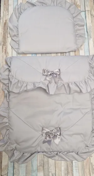 Unisex  Baby Grey Broderie Anglaise Lace 2 Grey Satin Bow Pram Set