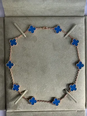 VCA Van Cleef & Arpels Blue Agate Necklace 10 Motif Vintage Alhambra 18k Yellow Gold Estate Box   COA