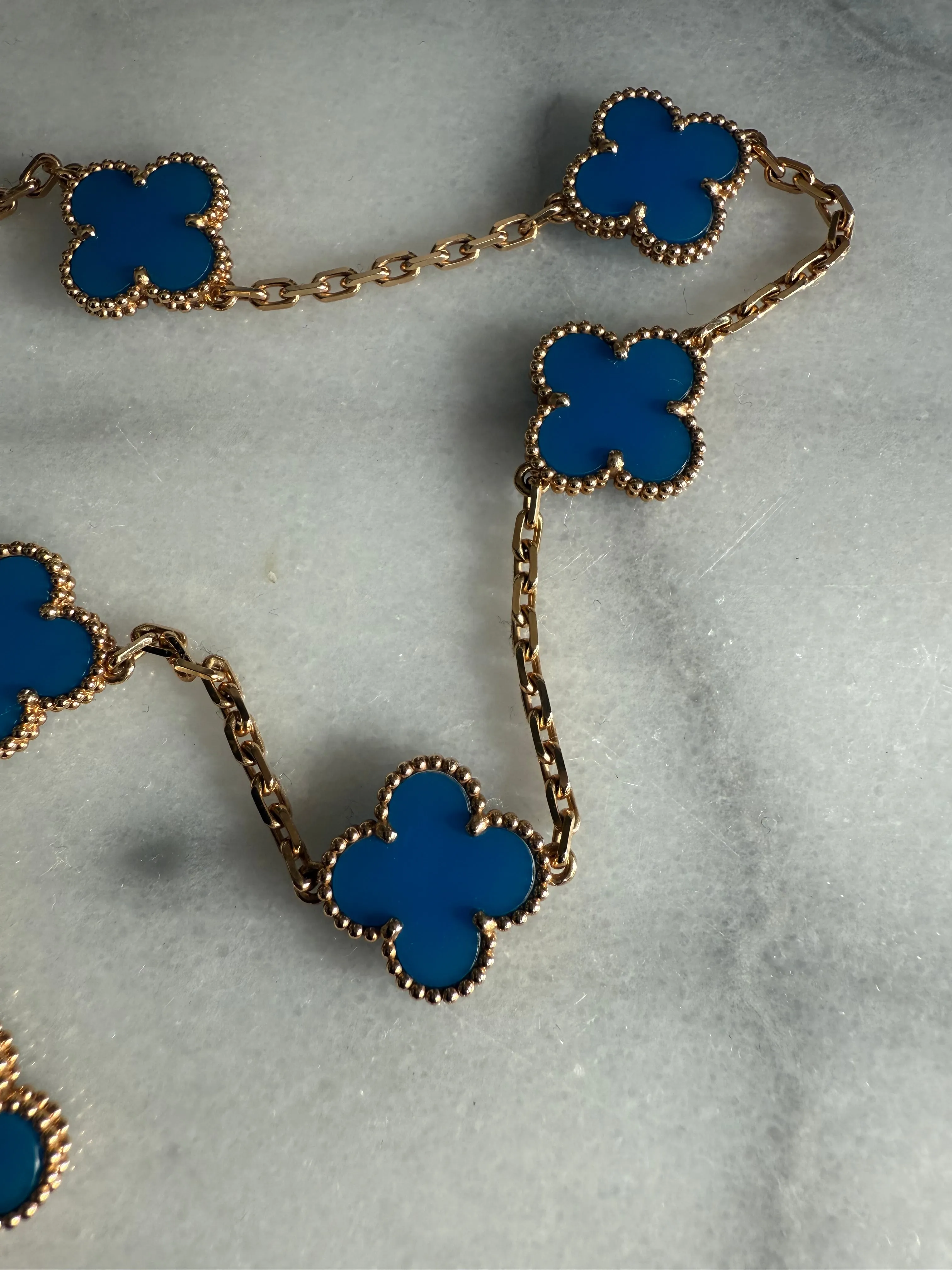 VCA Van Cleef & Arpels Blue Agate Necklace 10 Motif Vintage Alhambra 18k Yellow Gold Estate Box   COA