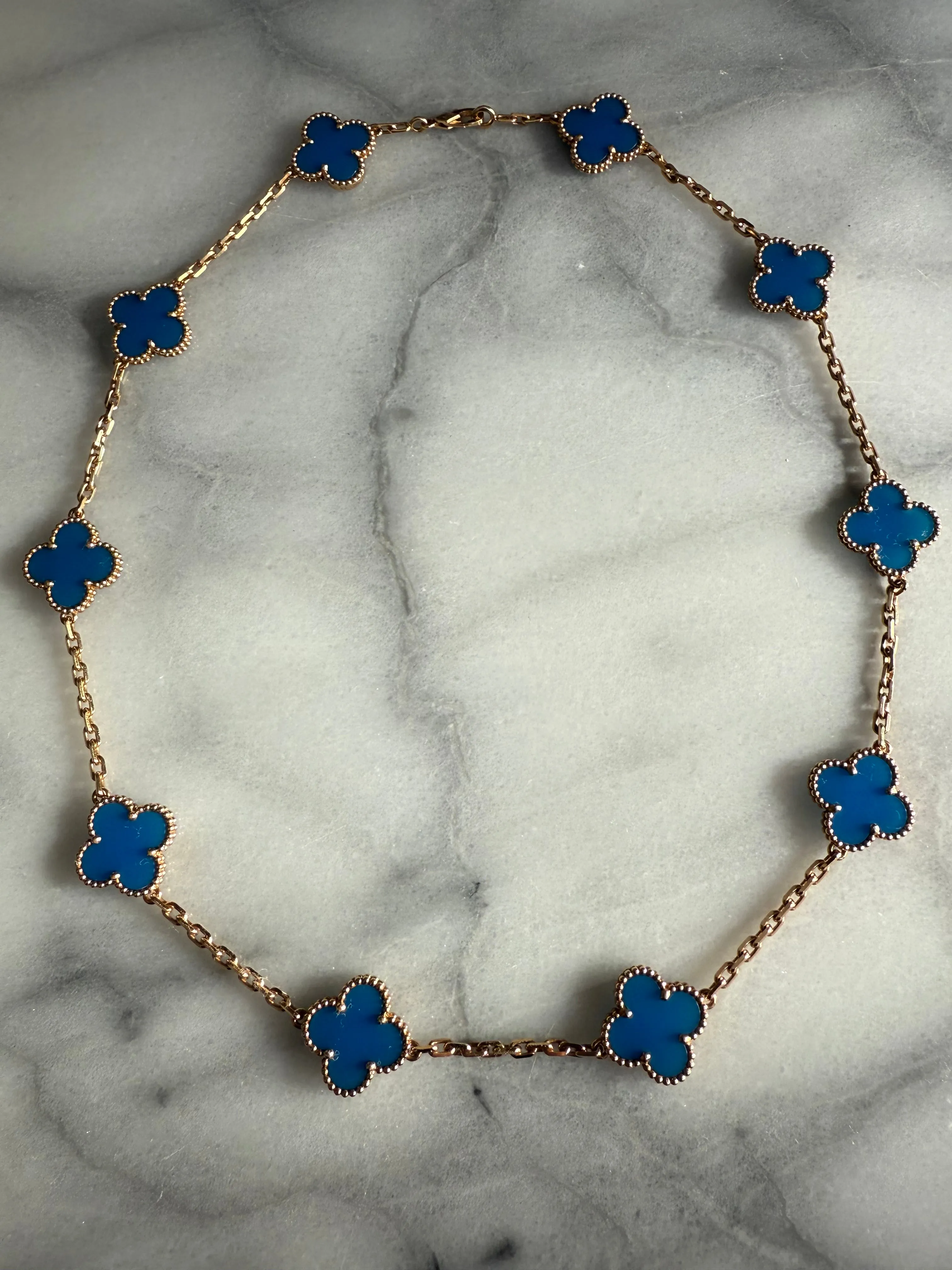 VCA Van Cleef & Arpels Blue Agate Necklace 10 Motif Vintage Alhambra 18k Yellow Gold Estate Box   COA