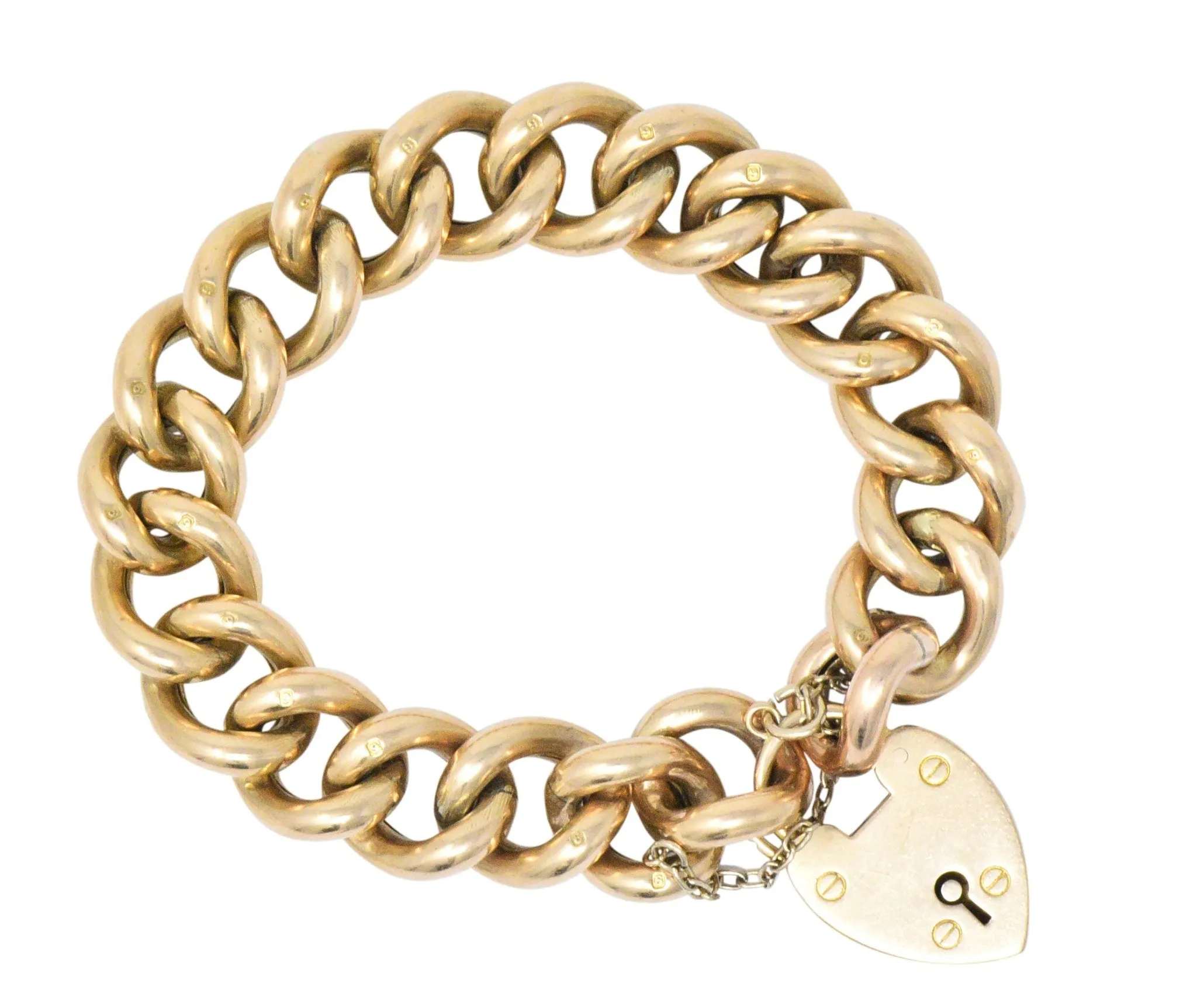 Victorian 9 Karat Rose Gold Heart Padlock Curb Link Bracelet