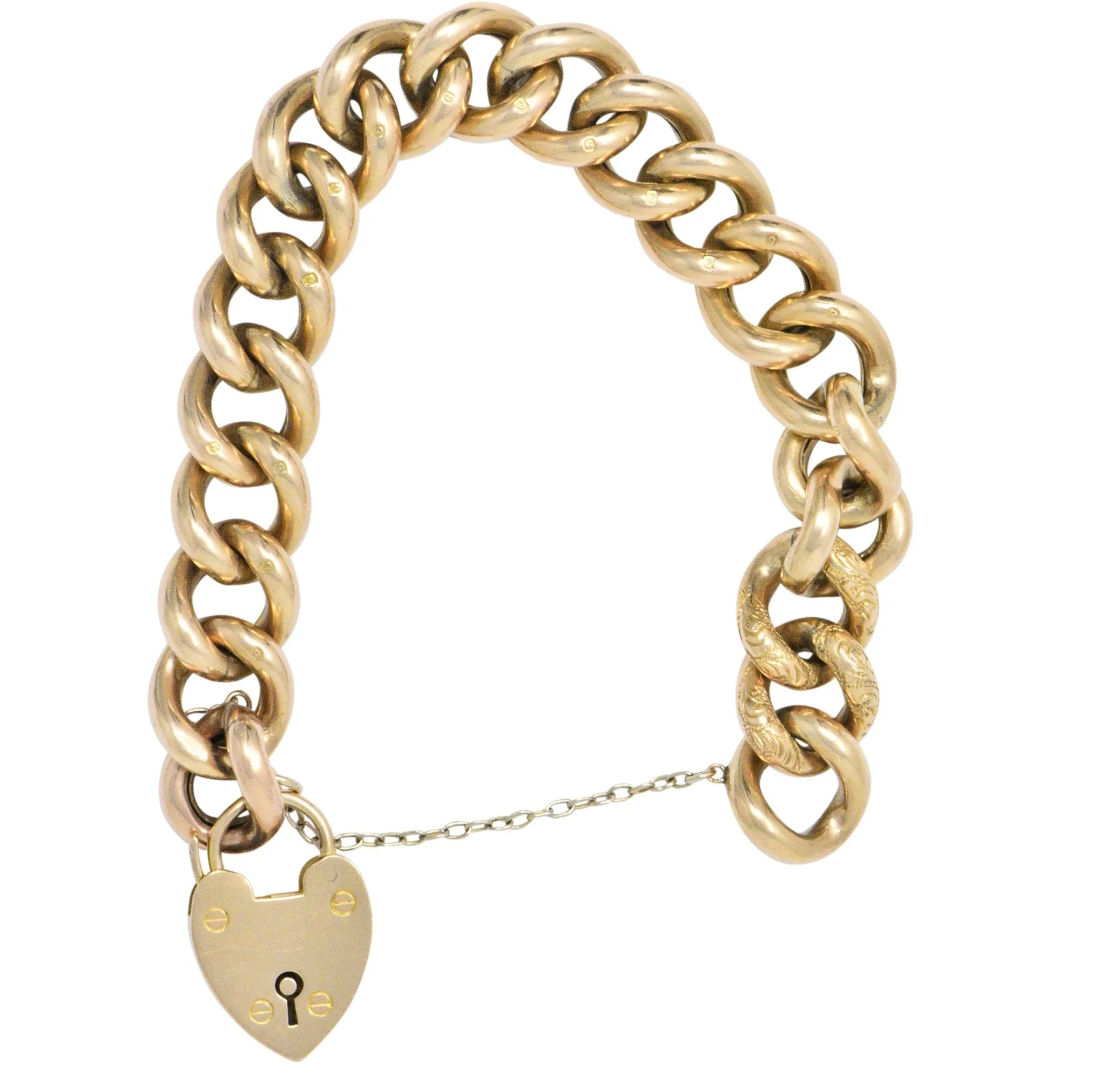 Victorian 9 Karat Rose Gold Heart Padlock Curb Link Bracelet