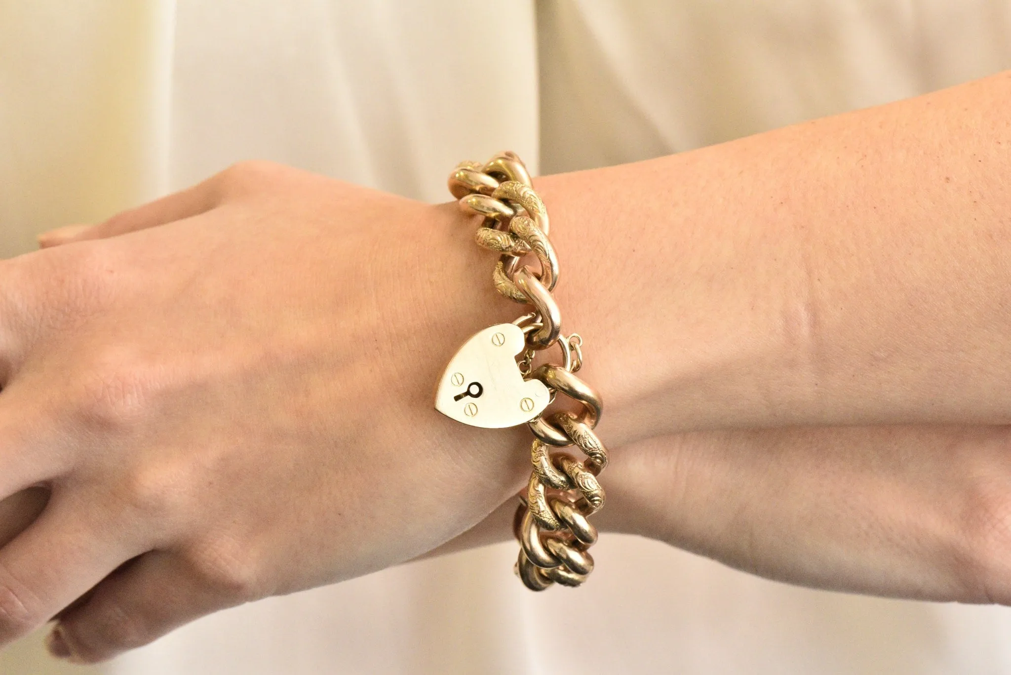 Victorian 9 Karat Rose Gold Heart Padlock Curb Link Bracelet