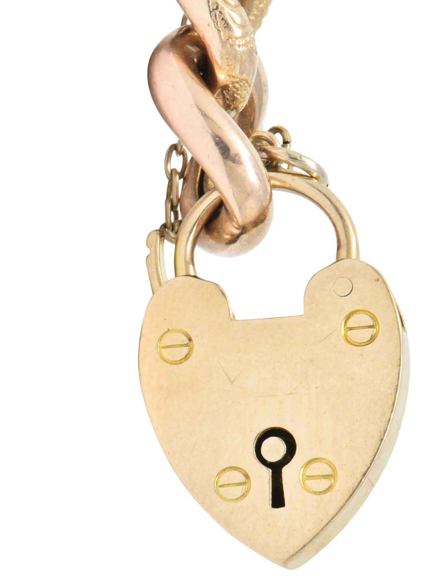 Victorian 9 Karat Rose Gold Heart Padlock Curb Link Bracelet