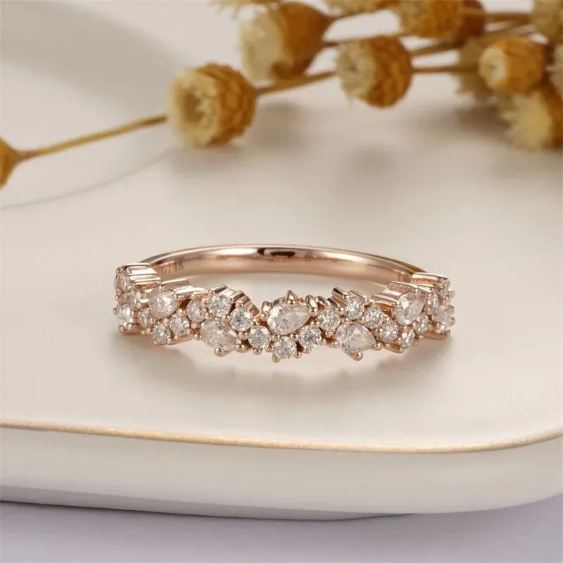 Vintage 14k Rose Gold Pear & Round Cut Diamond Wedding Band